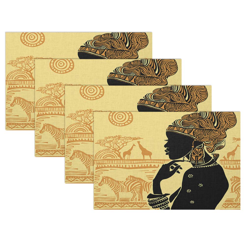 Swono African Woman Placemat Set of 4 - 12x18 Inch Colorful African Landscape Dining Table Mats for Kitchen Decor - Perfect for Dinner Parties, Cultural Home Decor & Ethnic Themed Events