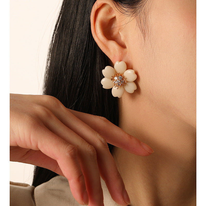 Elegant Light Beige Floral Earrings with Zircon Stones | DMS319 | Perfect for Weddings, Parties & Special Occasions