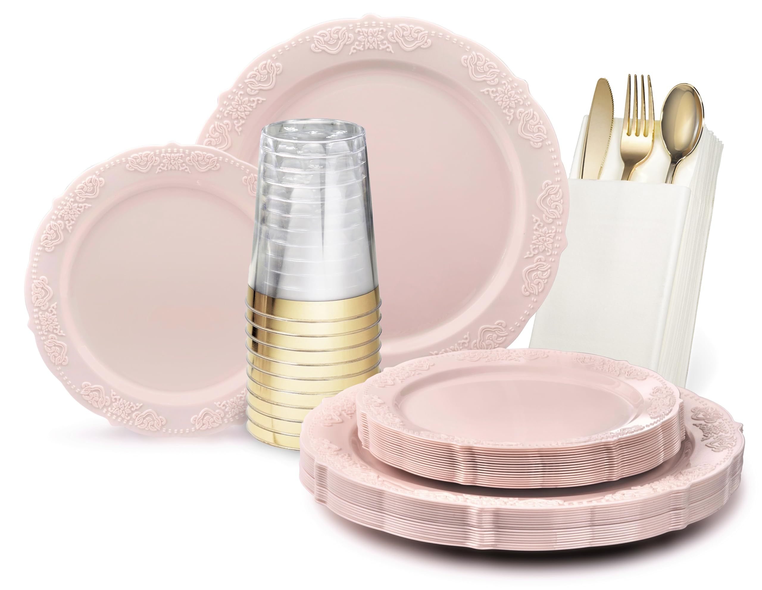 640-Piece Vintage Wedding Disposable Plastic Plates & Cutlery Set for 80 Guests - Includes 10.25'' & 7.5'' Plates, Silverware, Gold Rim Cups, Napkins in Portofino Light Pink - Perfect for Weddings, Bridal Showers, Anniversaries & Elegant Parties