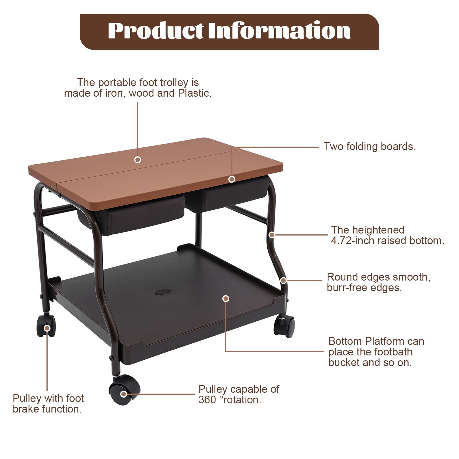 Portable Pedicure Cart with Wheels - Professional Manicure & Pedicure Trolley for Salon & Spa, Black Footrest Stand with Adjustable Height - Perfect for Nail Care, Foot Bath & Relaxation at Home or Beauty Salon