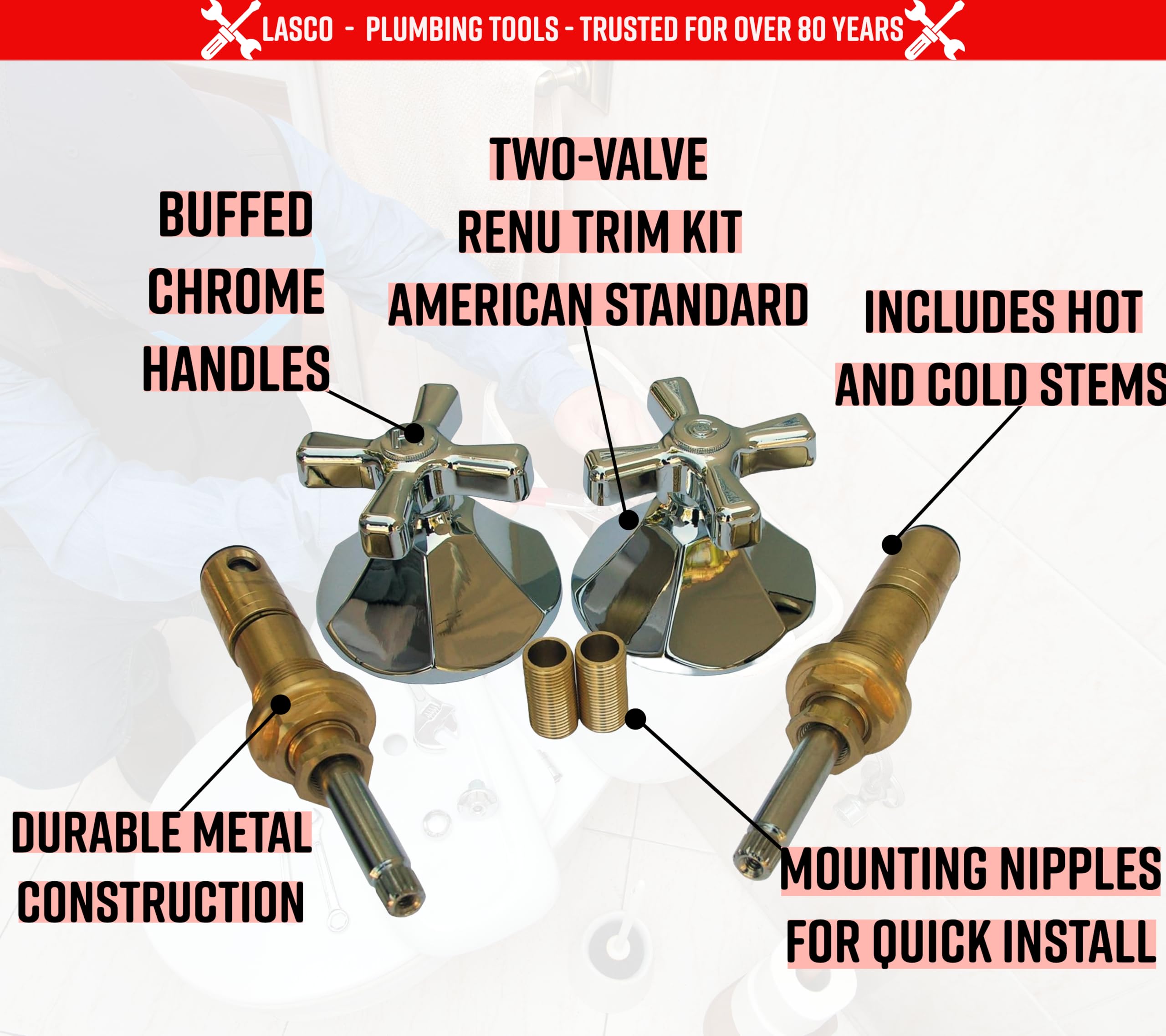 LASCO 01-9403 American Standard Renu Series 2-Valve Tub & Shower Trim Kit with Stems, Handles, Flanges & Nipples in Chrome Finish - Perfect for Bathroom Renovation and Plumbing Upgrades