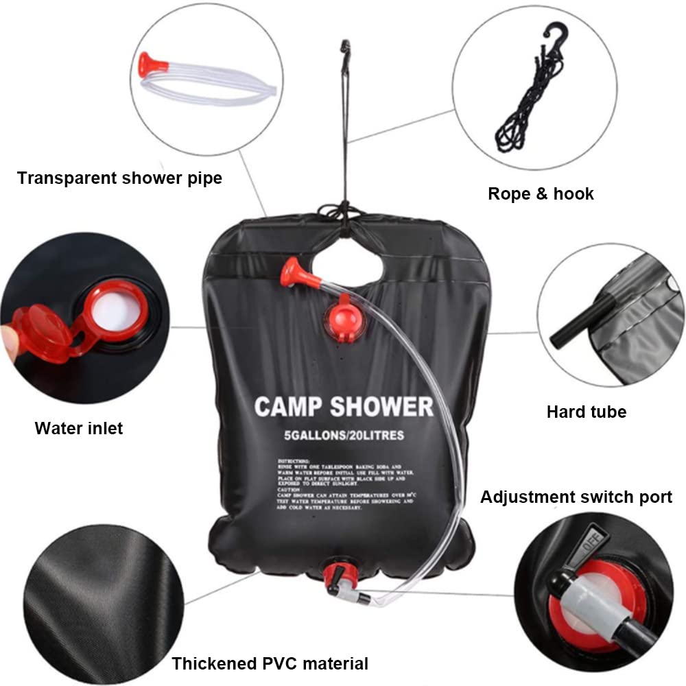 Portable 5 Gallon/20L Solar Shower Bag for Camping & Hiking - Foldable Outdoor Solar Heating Water Bag with On/Off Switch Shower Head - Perfect for Travel, Beach, RV Trips & Emergency Preparedness