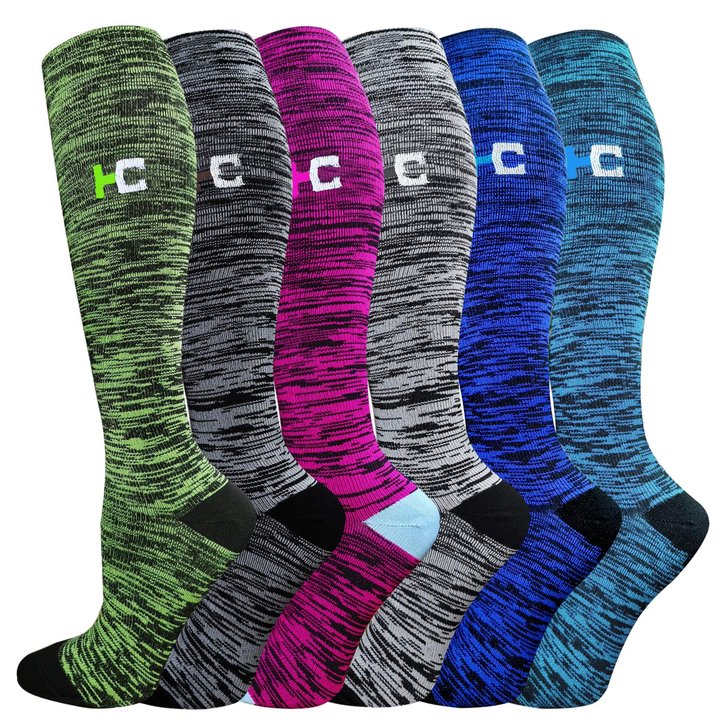 6 Pairs Graduated Compression Socks 20-30mmHg for Women & Men - Knee High Support Stockings for Travel, Hiking, Running - Multicolored Small/Medium (US Size) - Improve Circulation & Reduce Swelling During Long Flights & Workouts