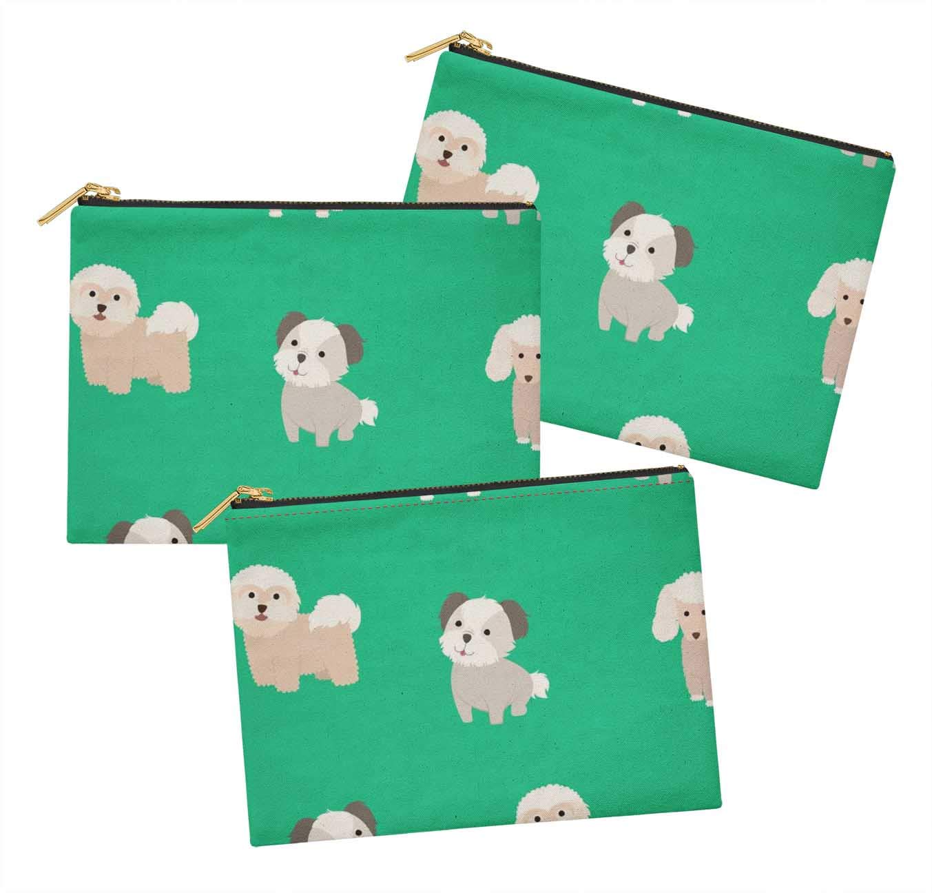 Stylish Green Puppies Printed Cosmetic Bag Set of 3 - 6x8 Inch Makeup Pouch, Coin Purse & Toiletry Organizer - Perfect for Travel, Gym & Daily Essentials Storage