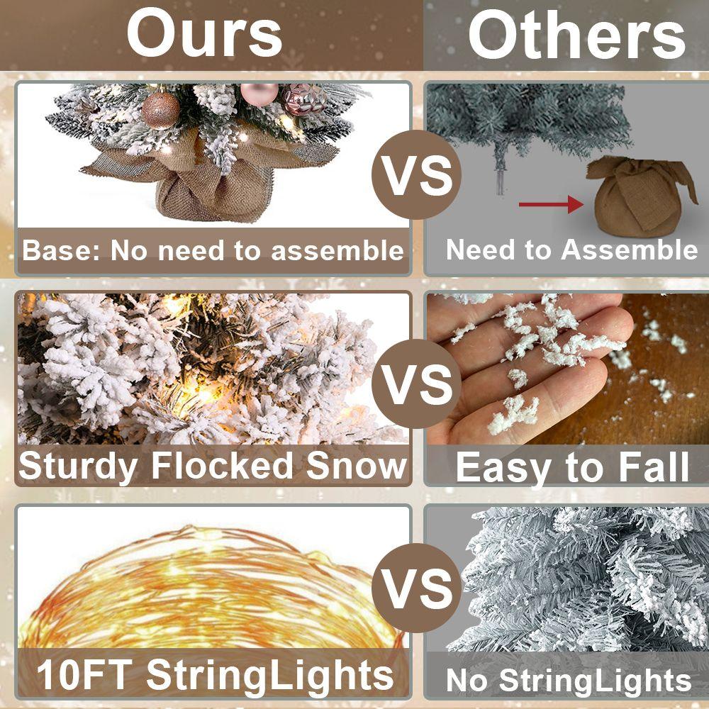 22in Flocked Snow Tabletop Christmas Tree with LED Lights - Mini Artificial Red Xmas Tree Decor for Home, Office, Party & Holiday Decoration | Perfect for Tabletops, Desks, Mantels & Holiday Displays