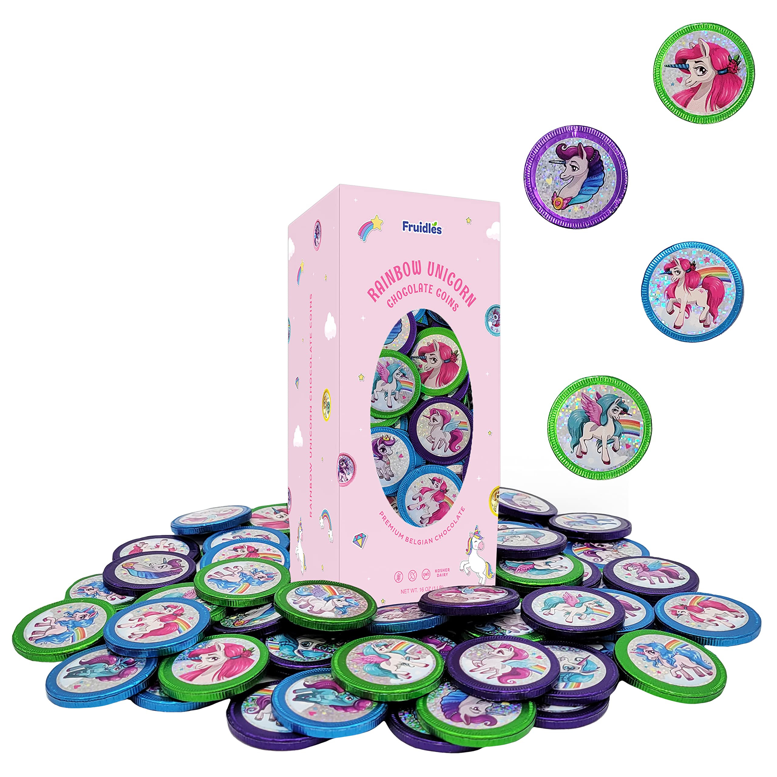 Fruidles Rainbow Unicorn Chocolate Coins with Stickers - 1 Pound Kosher Certified Milk Chocolate Coins in Foil Wrappers - Fun Birthday Party Favors, Easter Basket Stuffers & Holiday Treats for Kids