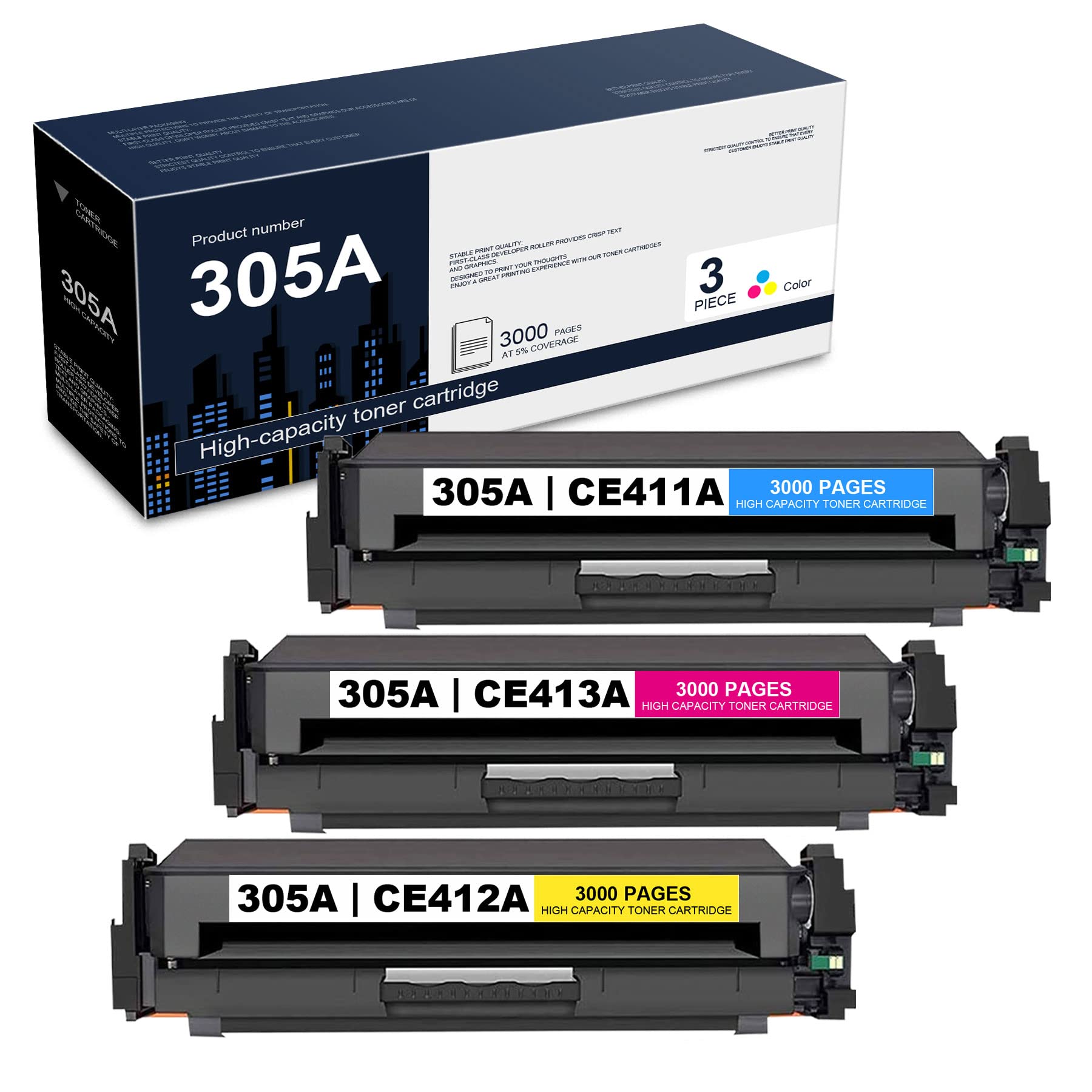 305A CE411A/CE413A/CE412A Compatible Toner Cartridge 3-Pack - Replacement for HP Pro 300 M351/M375 & Pro 400 M451/M475 Series Printers (1 Cyan, 1 Magenta, 1 Yellow) | High-Quality Color Printing for Office Documents, Presentations, and Marketing Materials