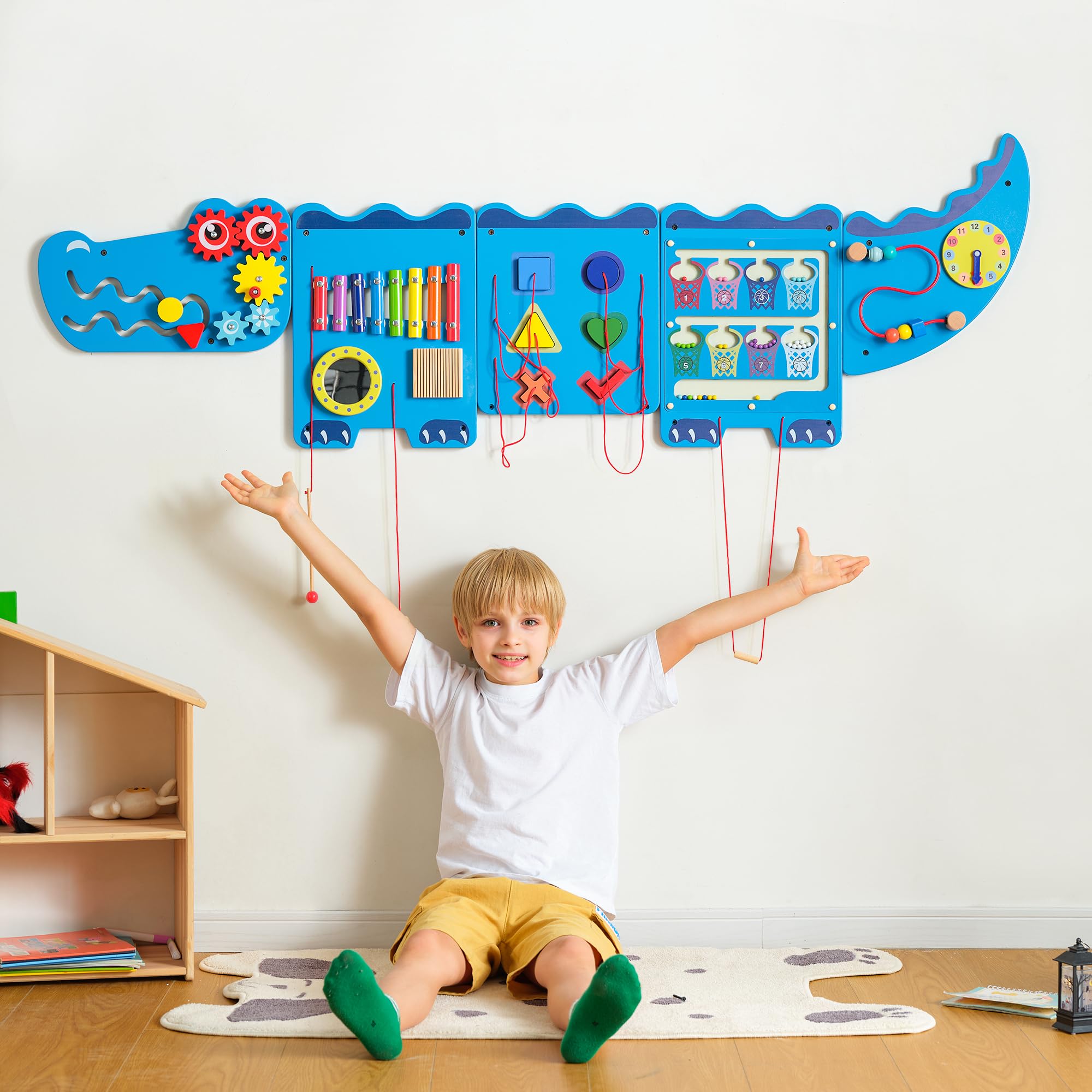 Crocodile Sensory Toys Activity Wall Panels - Montessori Educational Busy Board for Toddlers, Wooden Learning Activity Cube & Interactive Sensory Wall (Blue) | Perfect for Daycare, Preschool & Home Playrooms