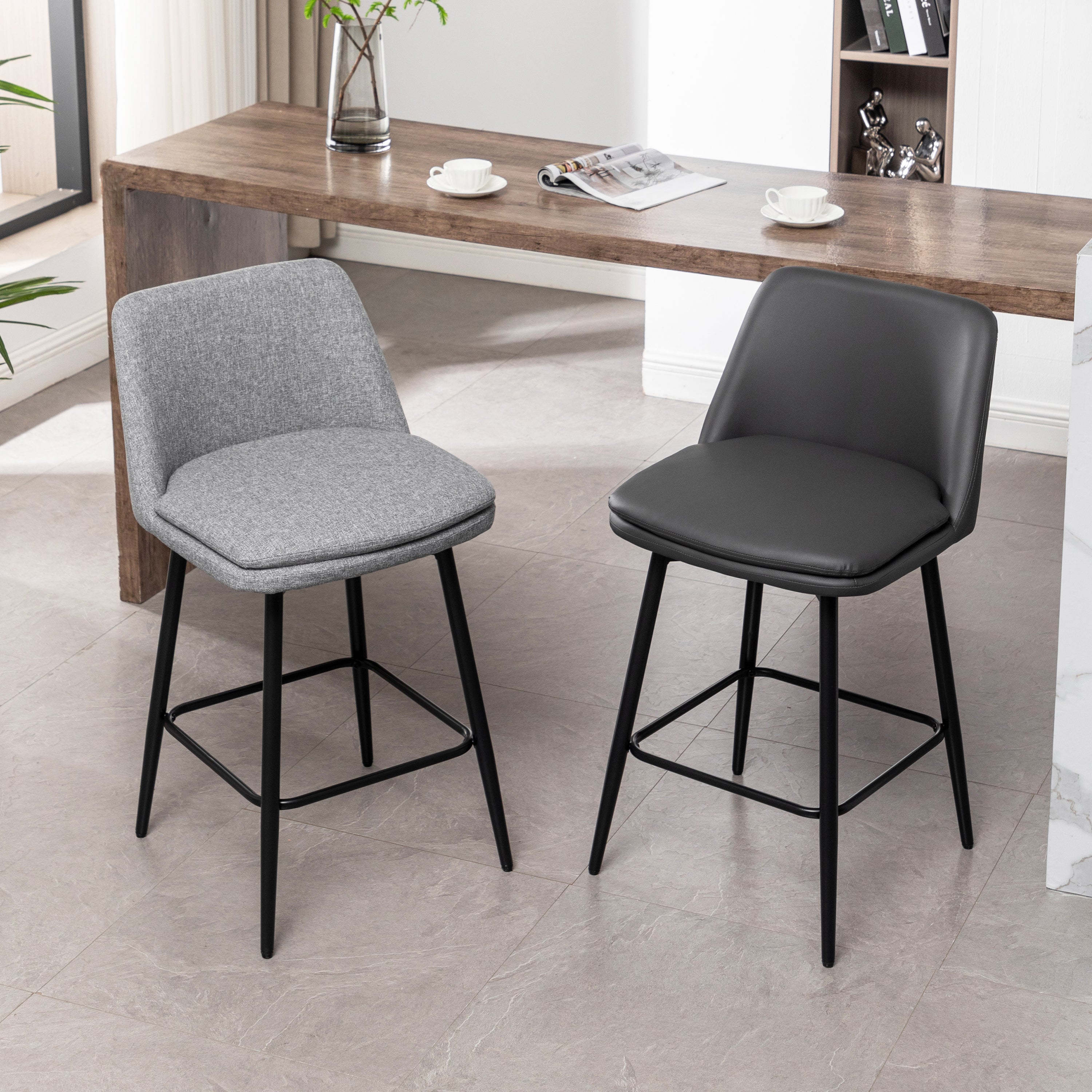 360° Swivel Counter Height Bar Stools Set of 2 - Upholstered with Back Support & Sturdy Metal Legs, 25.6