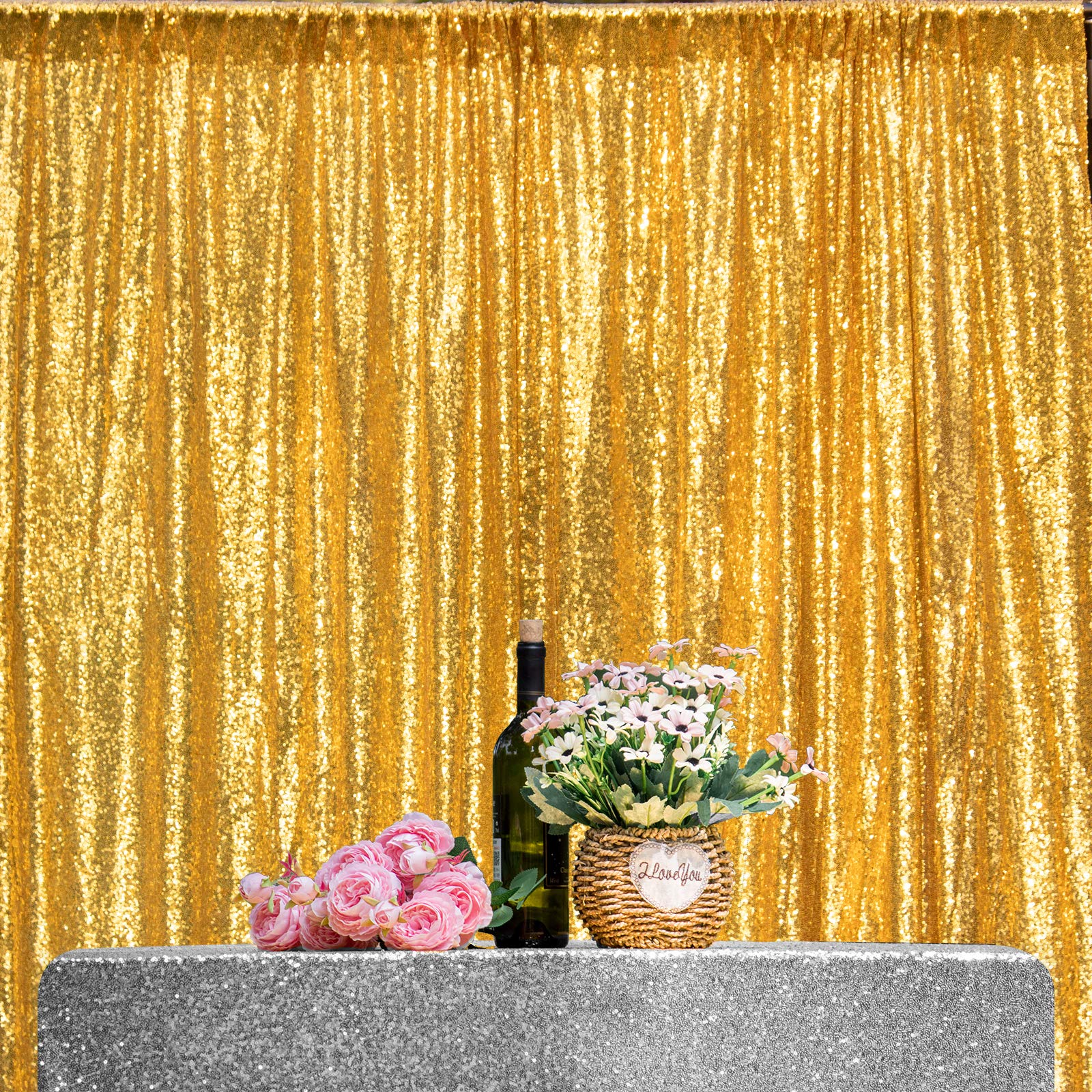 8ft x 8ft Gold Sequin Backdrop Curtain - Sparkly Photography Background for Photo Booth, Weddings & Bridal Showers | Glitter Party Decor, Stage Drapes & Event Decorations