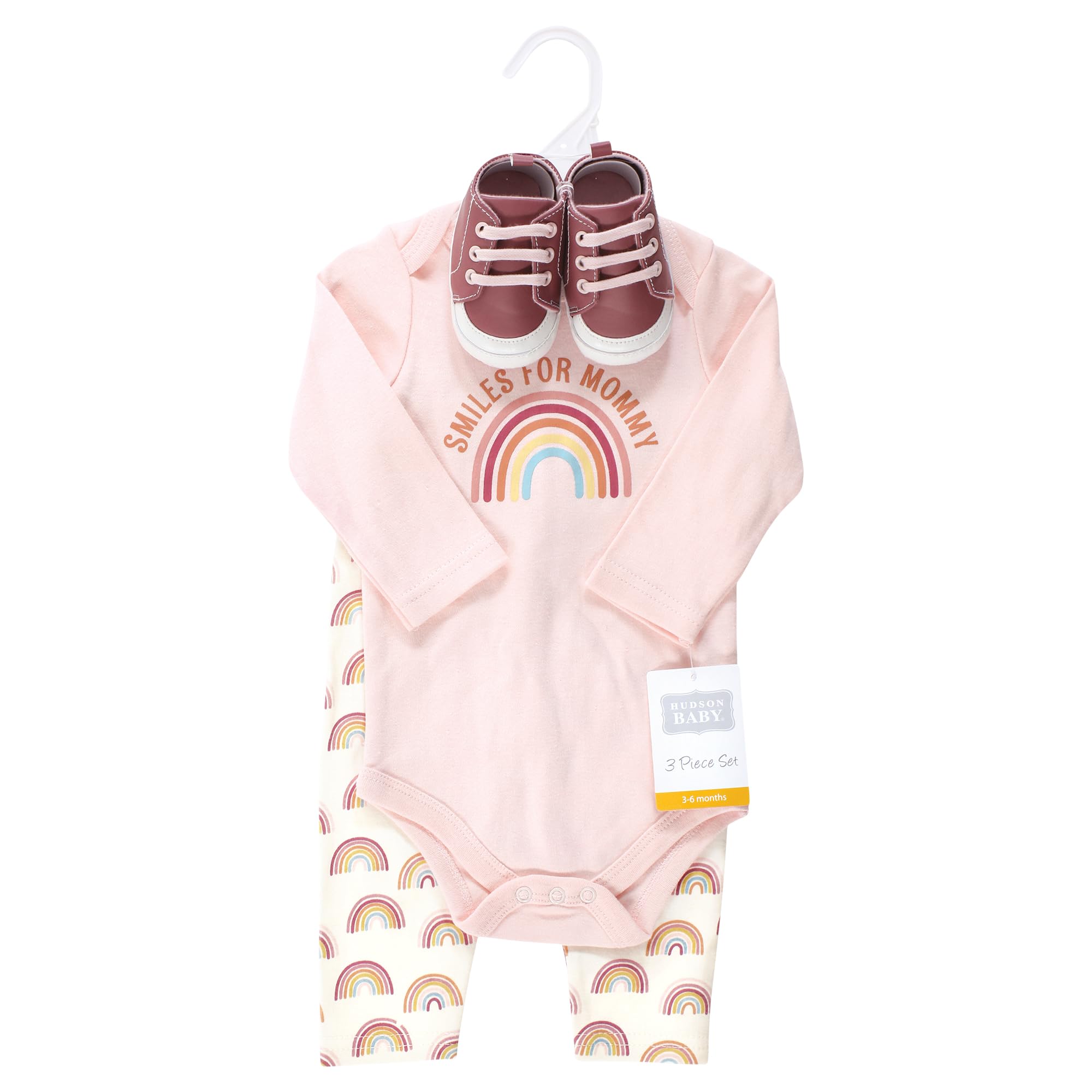 Hudson Baby Unisex Cotton Bodysuit, Pants & Shoe Set - Sunshine Rainbows Print - 12-18 Months | Soft Outfit for Infants & Toddlers | Perfect for Playdates, Photo Shoots & Everyday Wear