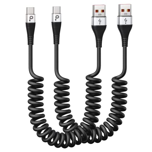 Fast Charging USB Type C Cable 2-Pack 5ft Coiled USB A to USB C Car Charger - Compatible with Samsung Galaxy S20/S10 Plus/Note 10 & Android Auto - Perfect for Road Trips & In-Car Device Charging