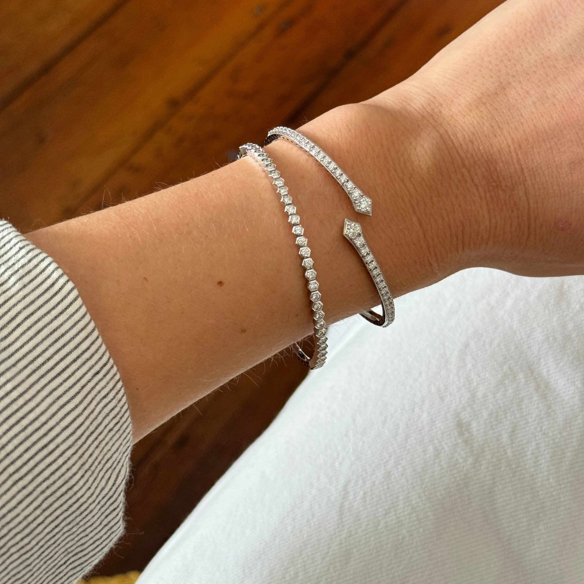 0.80ctw Diamond Hexagon Bezel 14K White Gold Flexible Bangle Bracelet for Women - Elegant Wedding, Anniversary & Evening Wear Jewelry Gift