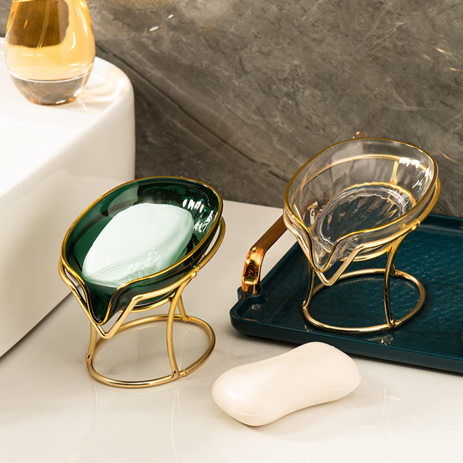 Self-Draining Soap Holder with Gold Iron Frame - Decorative Bathroom & Kitchen Soap Tray - Rustproof Soap Dish for Shower, Sink Countertop - Perfect Home Gift for Modern Bathroom Decor