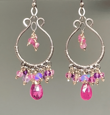 Oxidized Silver Hoop Chandelier Earrings with Pink Sapphire - Mixed Metals Jewelry for Women - Elegant Boho Dangle Earrings for Party, Wedding & Special Occasions