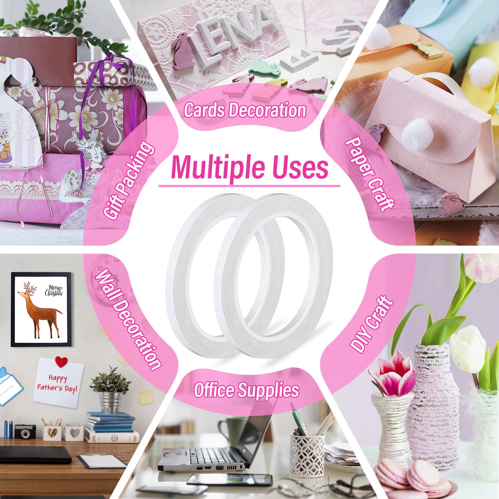 anezus Double Sided Adhesive Tape for Crafts - 2 Rolls Strong Sticky Tape for Scrapbooking, Card Making, DIY Projects & Home Decor | Perfect for Paper Crafts, Photo Albums & Wall Decoration