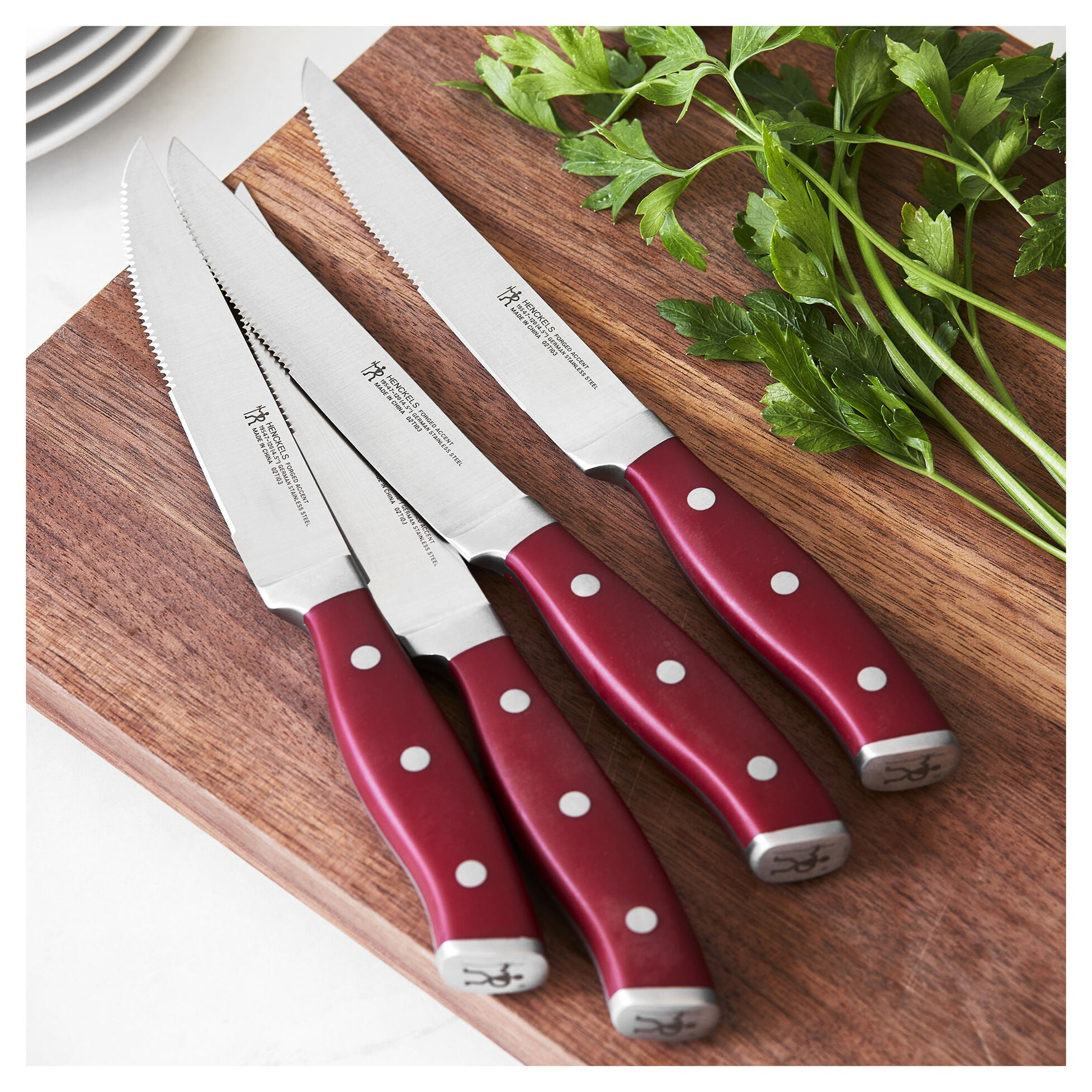 Zwilling Forged Accent 4-Piece Steak Knife Set with Red Handles - Premium German Stainless Steel Steak Knives for Fine Dining & Meat Cutting