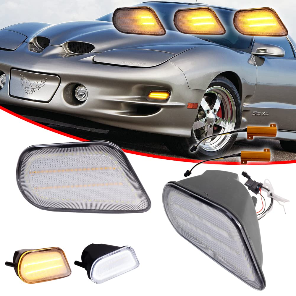 1998-2002 Pontiac Firebird Trans Am Clear Lens Switchback White/Amber LED Turn Signal Lights - DRL Corner Side Marker Parking Lamp Replacement for Enhanced Visibility & Style | Perfect for Night Driving & Car Customization