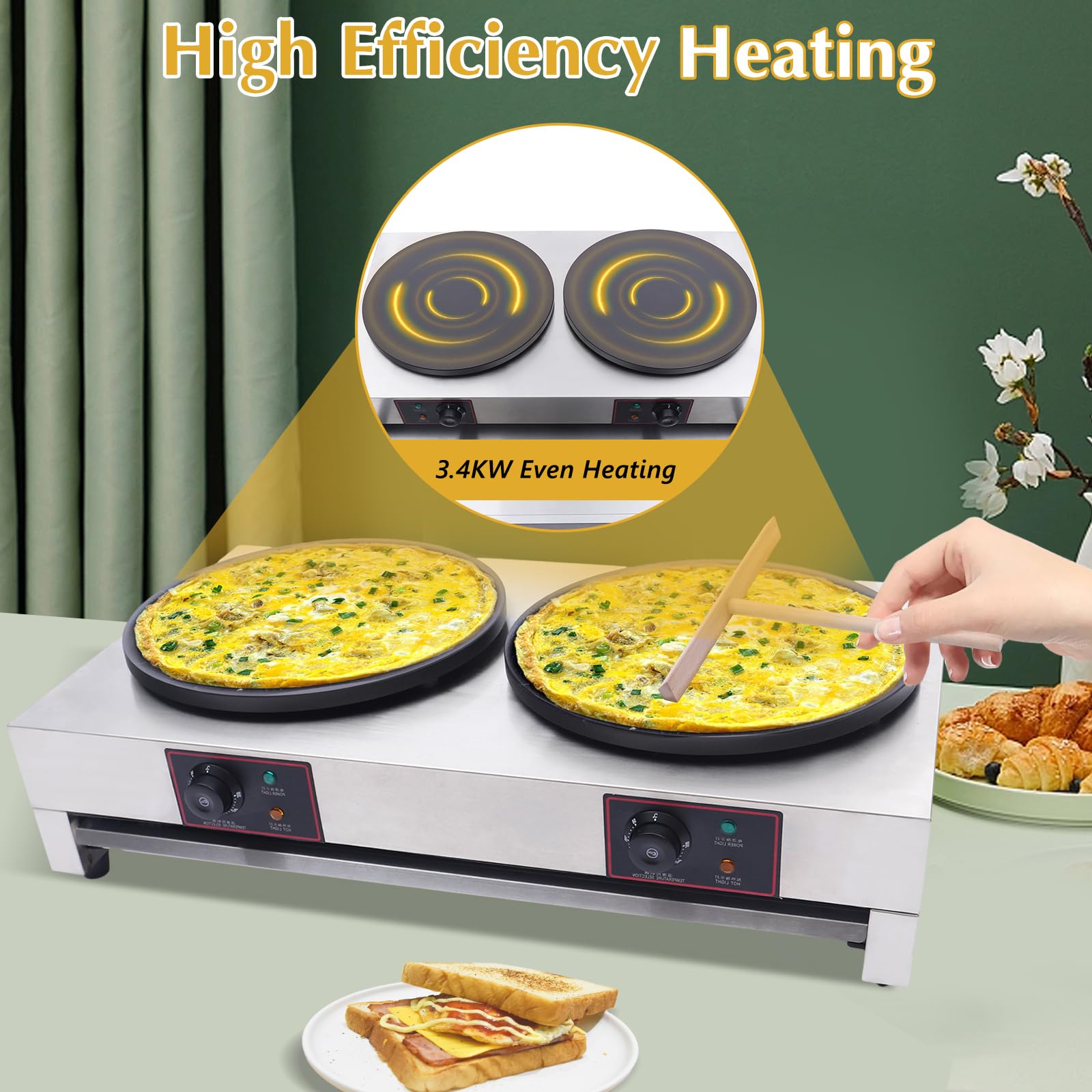 **Commercial Electric Crepe Maker Machine – 2-Burner Non-Stick Pancake Griddle, 110V Crepe & Pancake Baking Stove with Kitchen Rake – Perfect for Restaurants, Cafés, and Home Breakfast Cooking**
