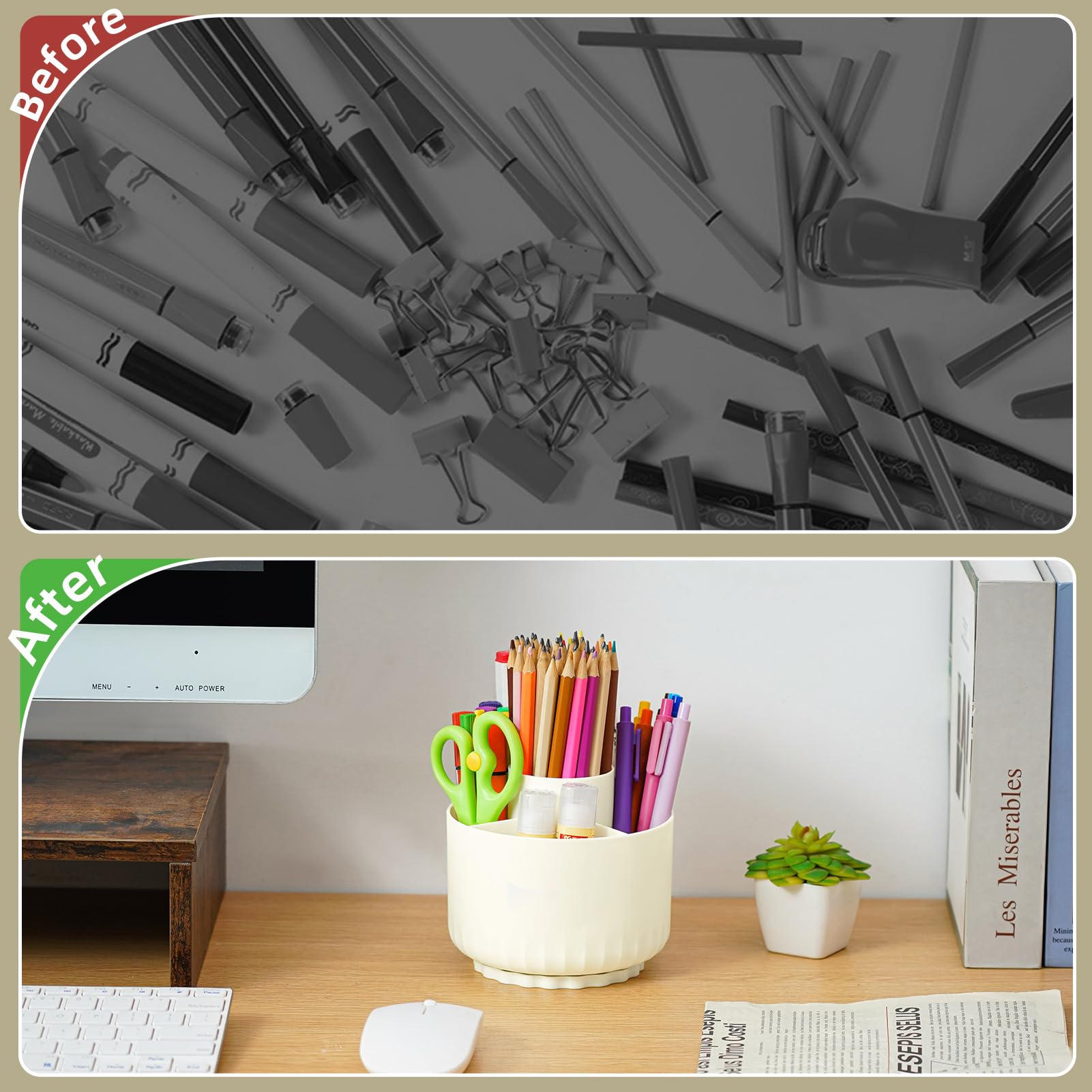 360° Rotating Desk Organizer with 5 Compartments - Marbrasse Pen & Pencil Holder for Office & Home, Art Supply Storage Caddy - Perfect for Workspace Organization & School Supplies (Beige)