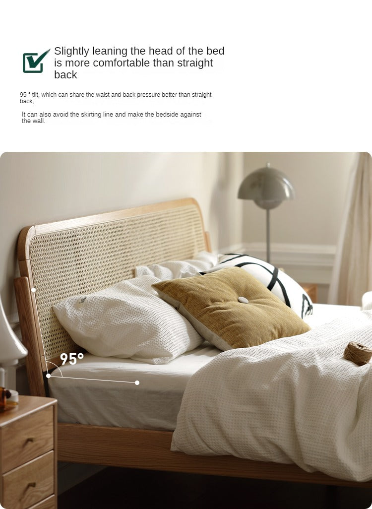 Solid Oak Wood Rattan Bed Frame - Queen Size, Natural Finish - Perfect for Bedroom, Guest Room & Farmhouse Decor