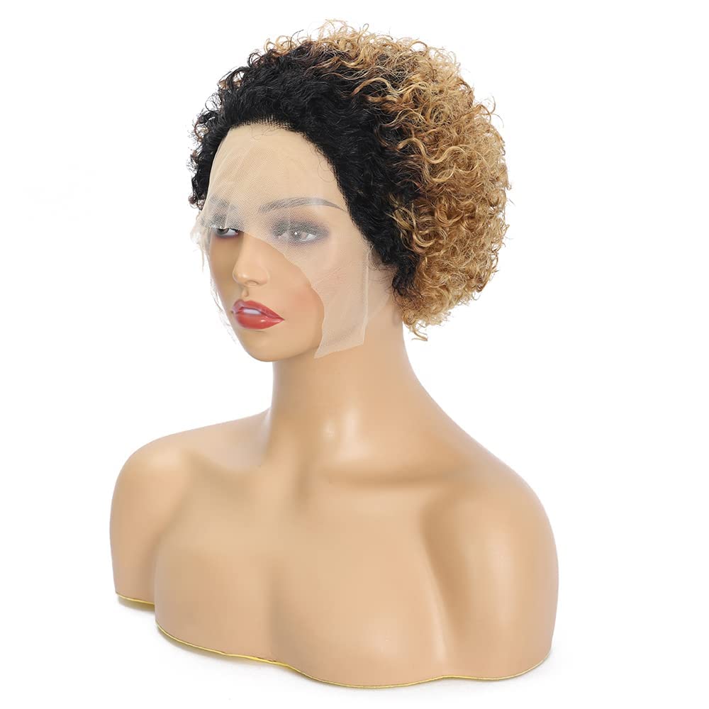 13x1 Lace Front Pixie Cut Human Hair Wig - Pre Plucked Short Curly Bob Wigs for Black Women | Glueless Remy Human Hair Lace Wig (1B/27 Color) | Perfect for Daily Wear, Cosplay & Special Occasions