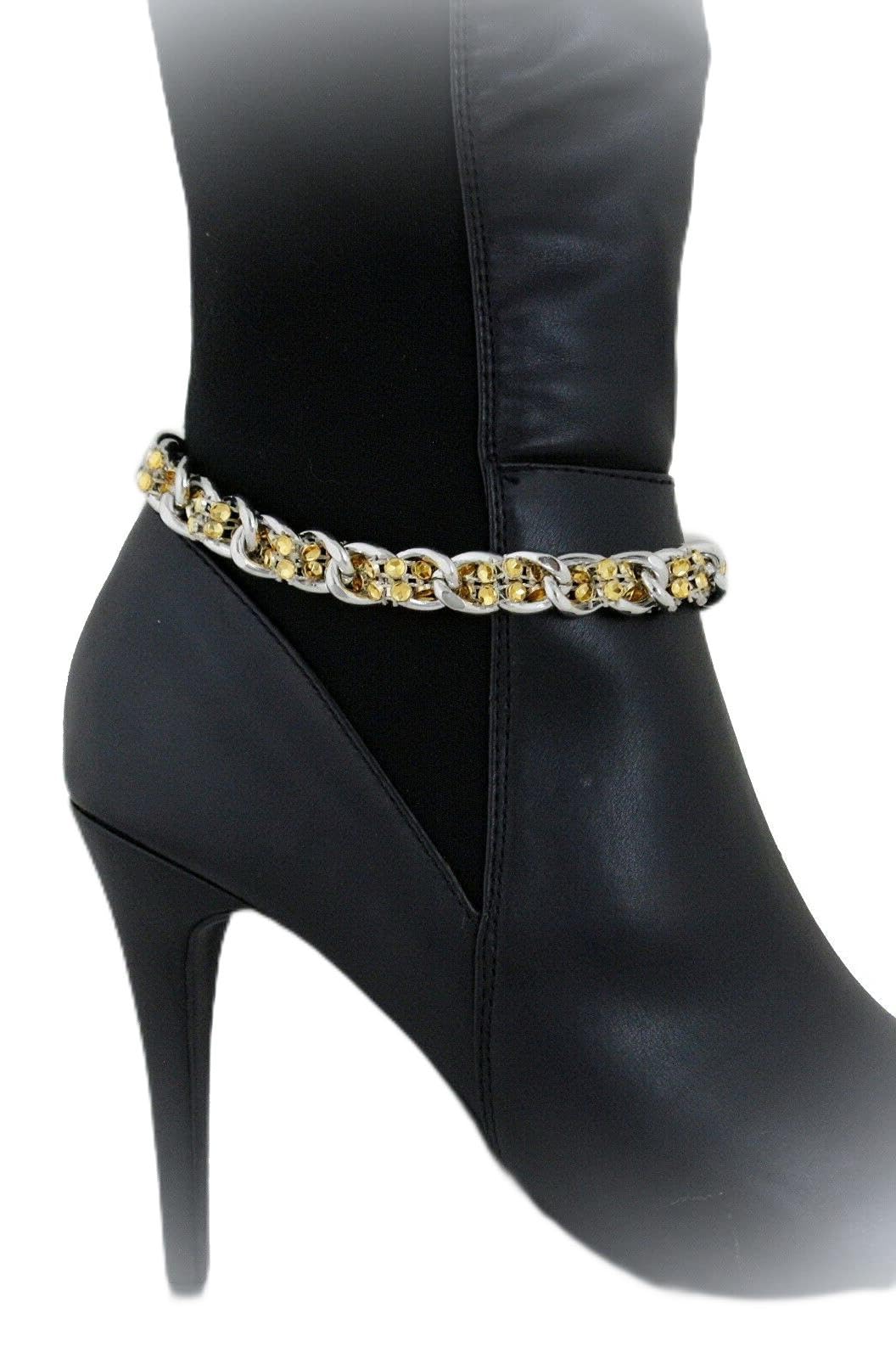 Western Silver Boot Bracelet for Women - Metal Chain Ankle Jewelry with Gold Mesh Beads - Chunky Statement Bangle Shoe Charm - Perfect for Cowgirl Outfits, Country Concerts & Boho Fashion
