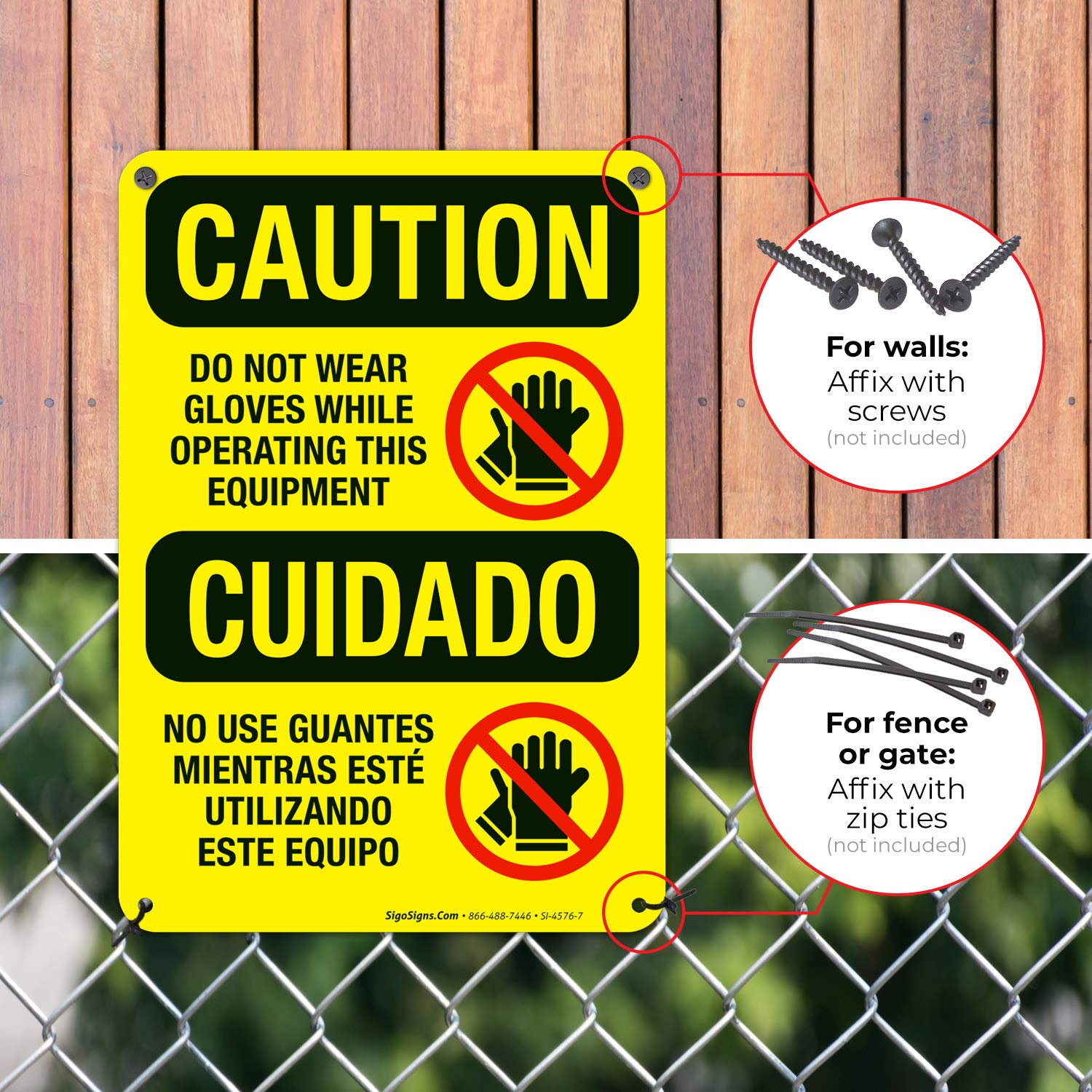 OSHA Bilingual Caution Sign - Do Not Wear Gloves While Operating Equipment (10x7 Inches) | Durable .040 Rust-Free Aluminum | Fade Resistant for Indoor & Outdoor Use | Made in USA | Perfect for Factories, Warehouses & Construction Sites