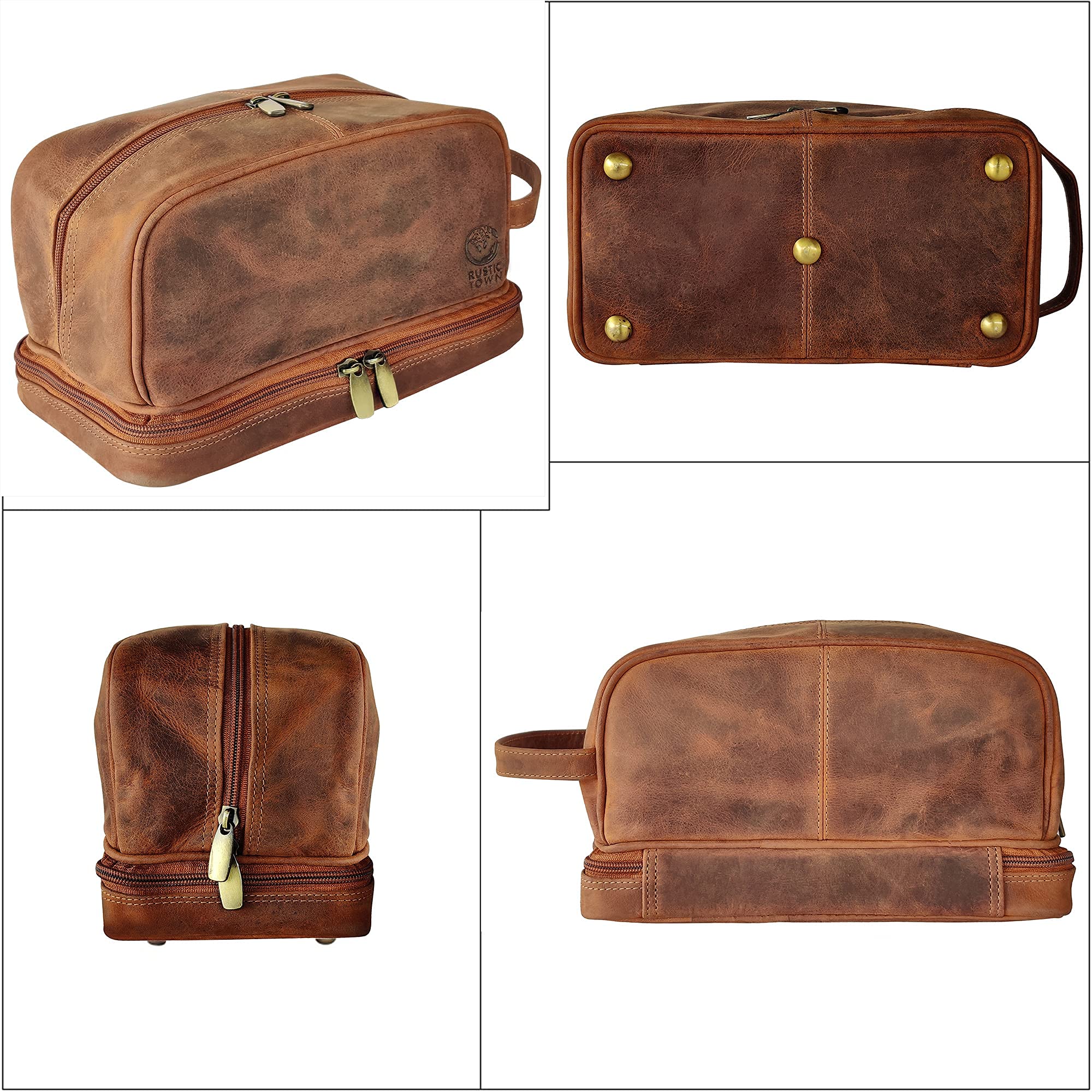 RUSTIC TOWN Genuine Leather Toiletry Bag Set - Premium Travel Organizer for Men & Women | Perfect Gift for Business Trips, Camping & Vacation Essentials
