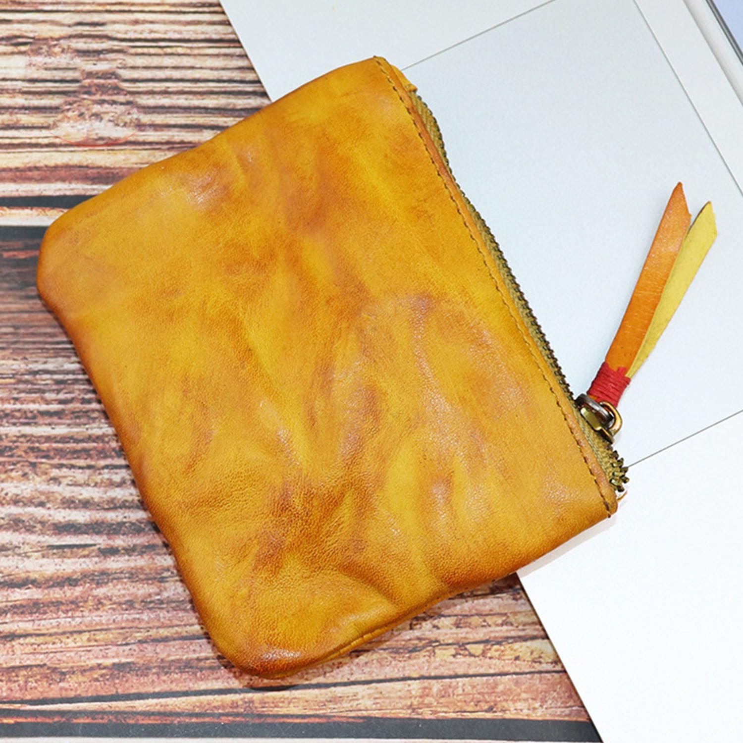 Genuine Leather Zipper Coin Purse for Men & Women - Vintage Mini Coin Wallet with Zipper Closure - Small Leather Change Pouch Holder (Yellow Brown) - Perfect for Organizing Coins, Keys & Small Essentials On-the-Go