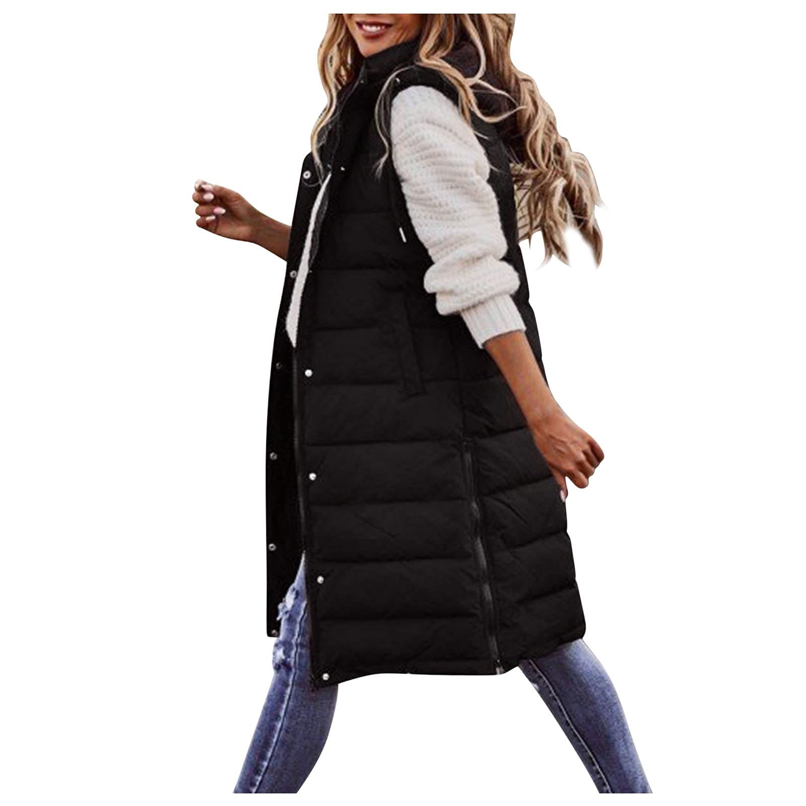 Women's Long Puffer Vest Jacket - Sleeveless Winter Coat with Zip Up Hoodie & Pockets | Thickened Warm Windbreaker for Outdoor Activities | Warehouse Clearance Open Box Deals