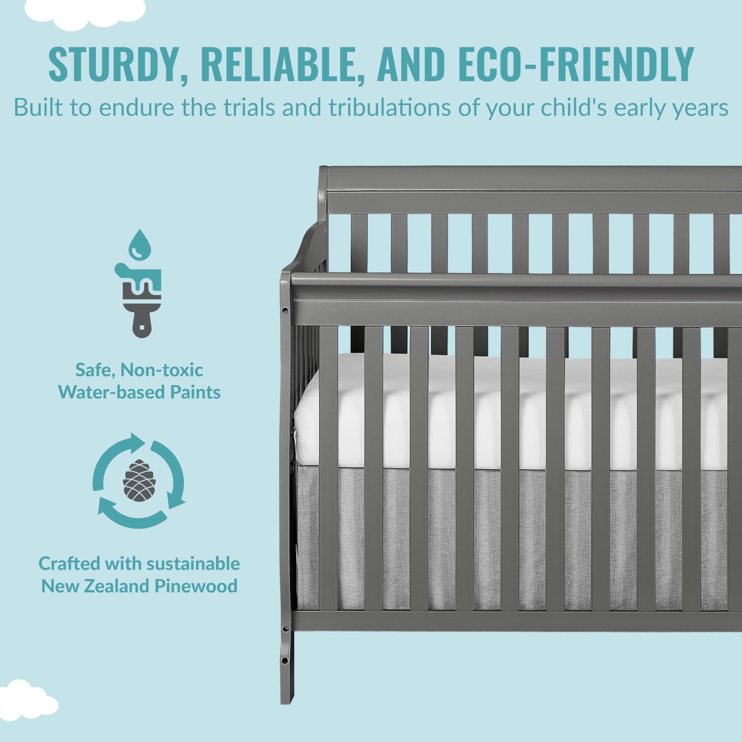 Dream On Me Ashton 4-in-1 Convertible Crib - Storm Grey | GREENGUARD Gold & JPMA Certified | Non-Toxic Solid Pinewood | 4 Adjustable Mattress Heights | Nursery & Baby Room Essential