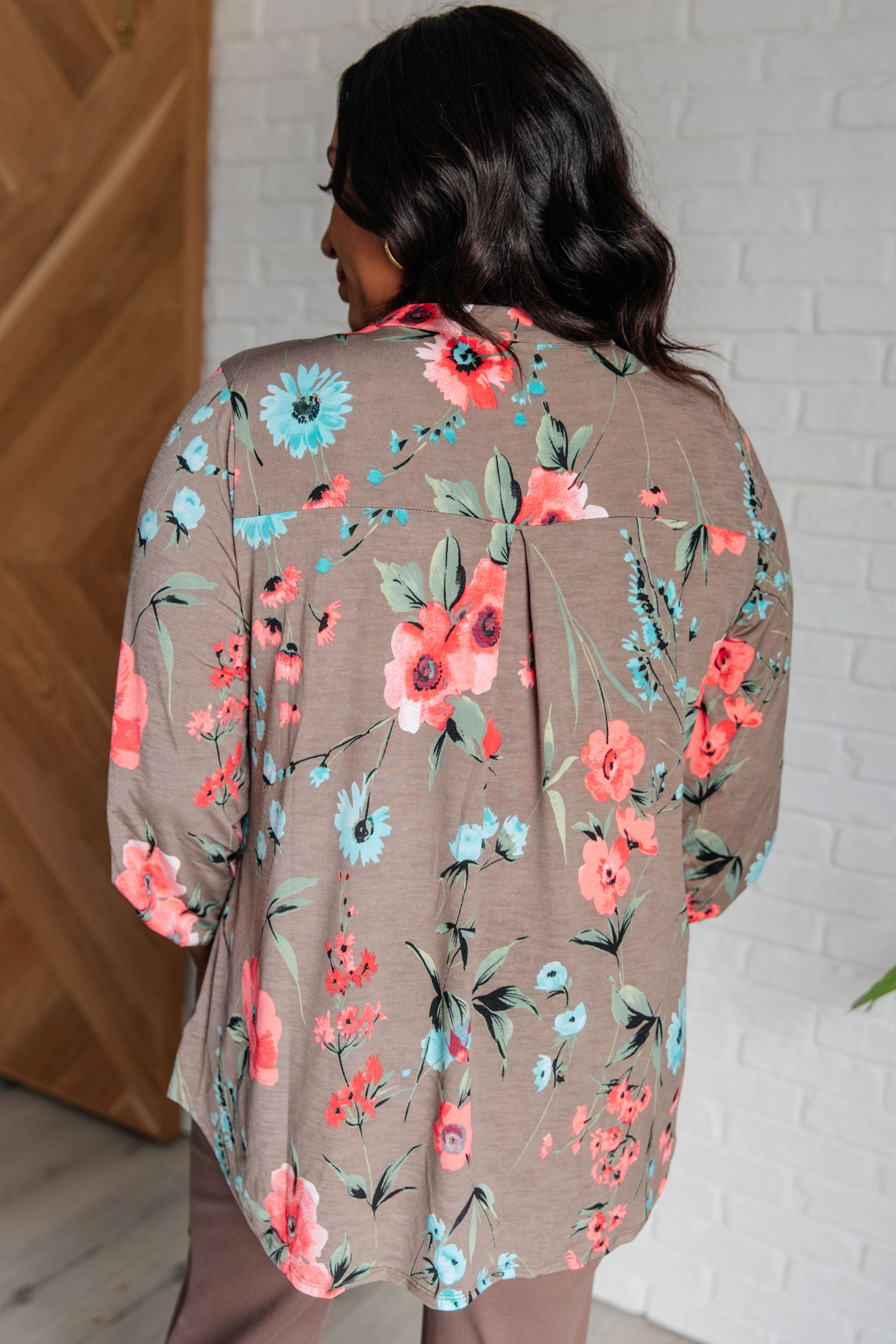 Lizzy Top - Floral Print Women's Blouse in Mocha & Coral | Casual Summer Tops for Beach, Vacation & Everyday Wear