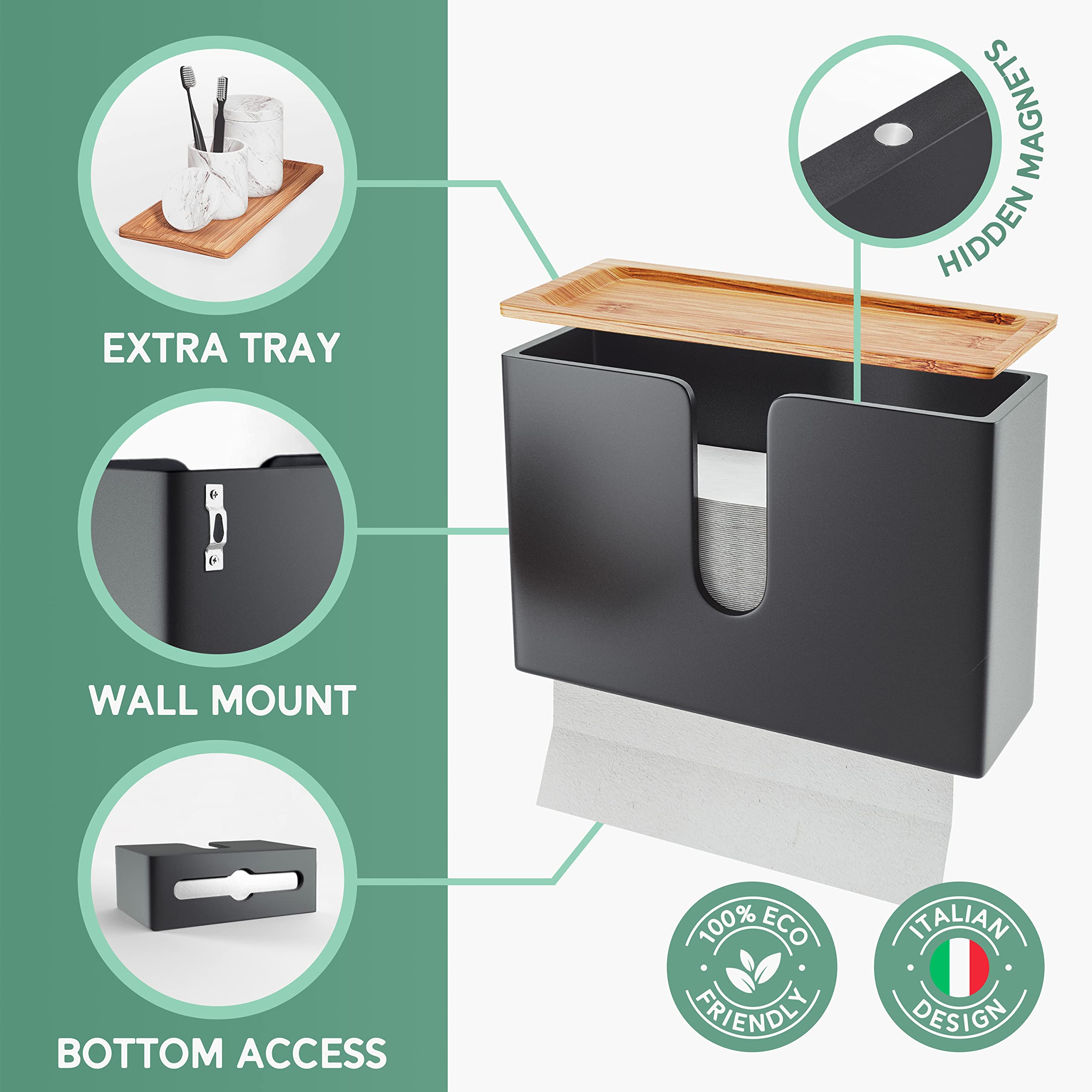 Eco-Friendly Bamboo Paper Towel Dispenser with Removable Tray - Wall Mount & Countertop Holder for C-Fold/Z-Fold/Tri-Fold Towels - Perfect for Commercial Kitchens, Restaurants & Bathrooms - Durable Black Design