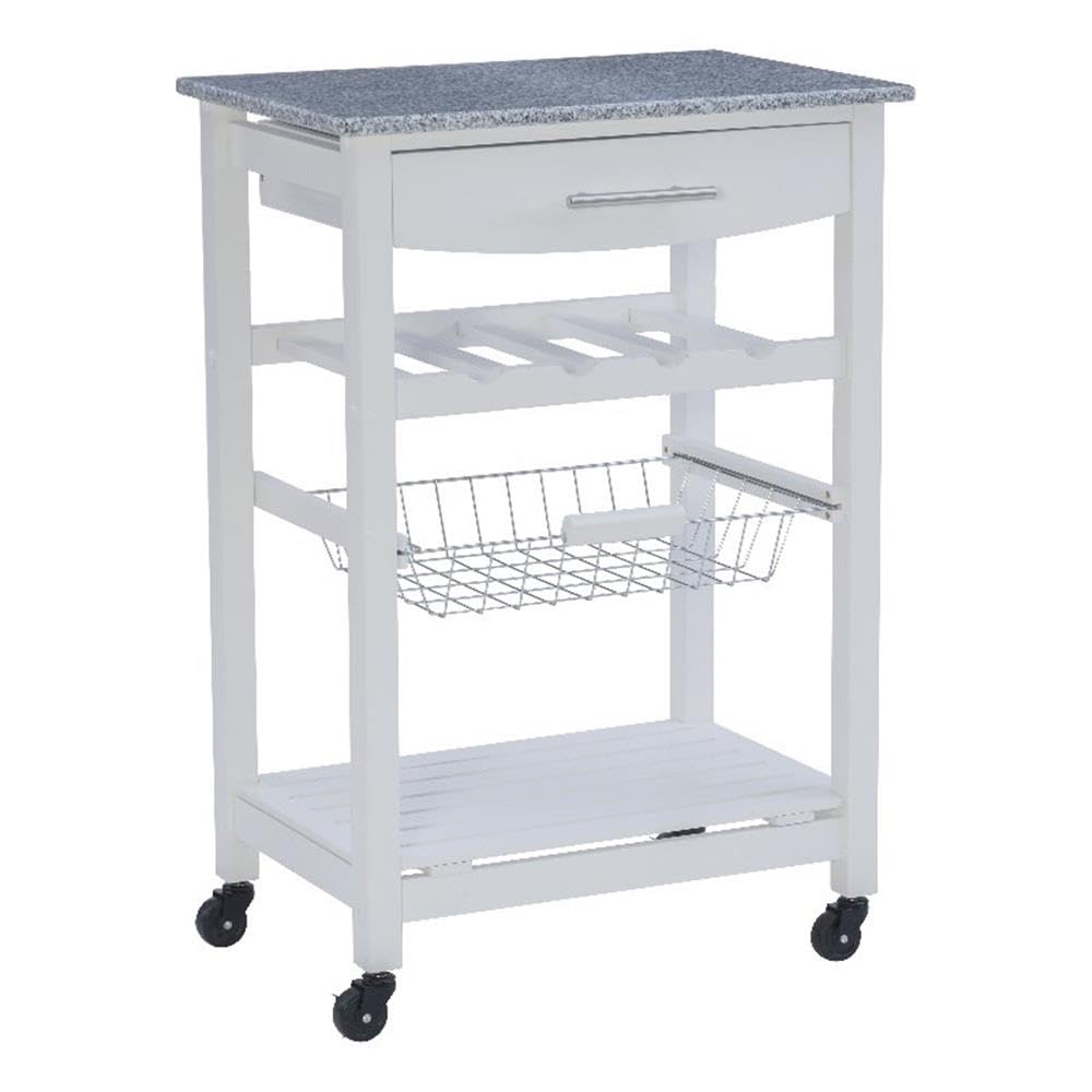 Linon Natalie White Wood Rolling Kitchen Island with Granite Top - Extra Storage for Small Kitchens, Pantry Organizer, Mobile Prep Station for Cooking & Baking