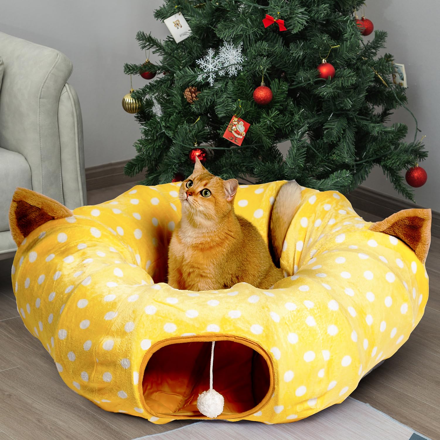 AUOON Cat Tunnel Bed with Central Mat - Large Tube Playground Toy for Kittens, Cats, Puppies, Rabbits & Ferrets | Yellow Moon-Shaped Pet Hideout for Under Christmas Tree | Perfect for Playtime, Napping & Indoor Pet Activities