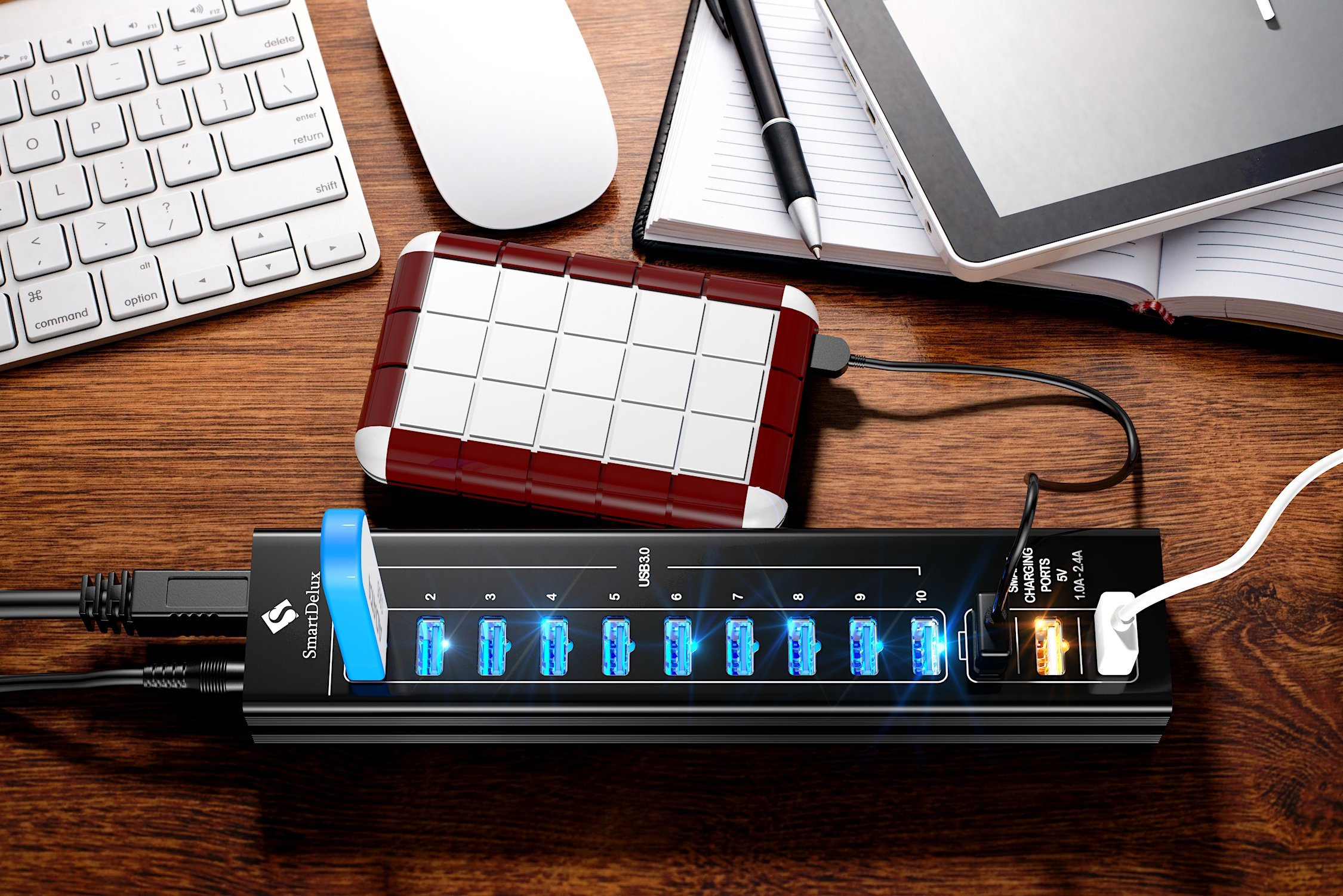 SmartDelux 13-Port USB 3.0 Hub with Power Adapter & Fast Charging for Home/Office
