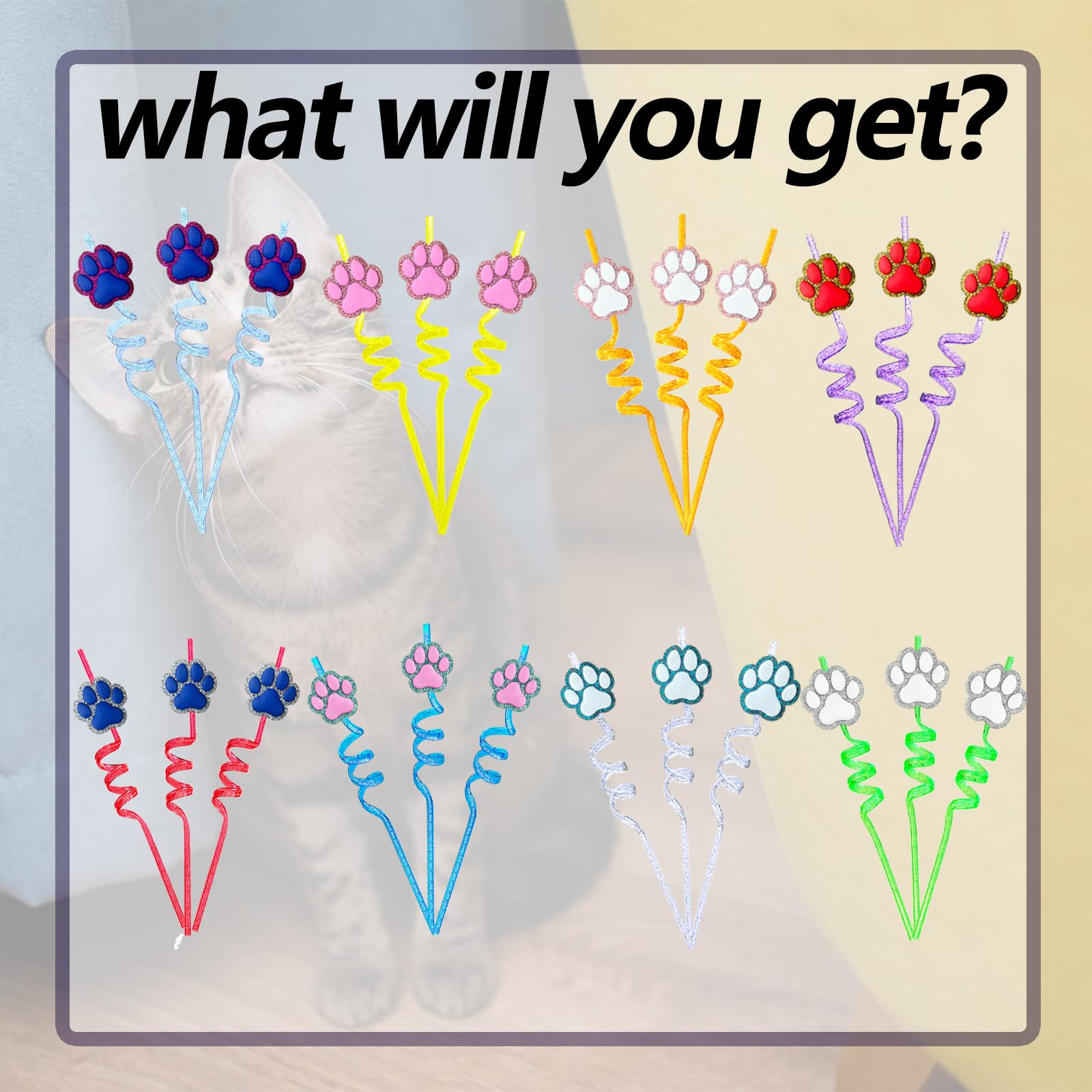 24 Pack Glitter Paw Print Drinking Straws + 2 Cleaning Brushes - Reusable Pet-Themed Straws for Dog Puppy Cat Birthday Parties, Baby Showers & Special Events - Fun Party Decorations & Drinkware Supplies