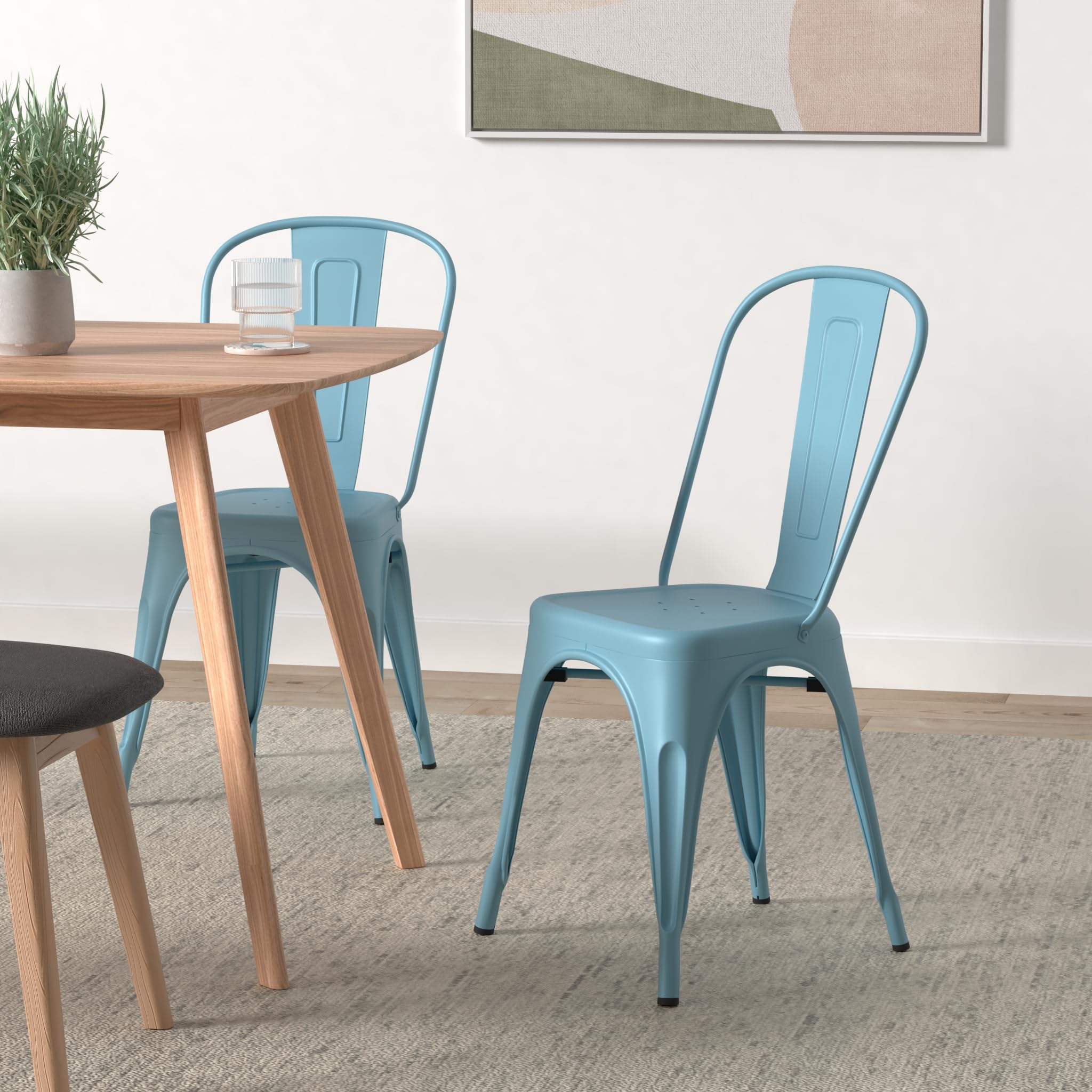 Nazhura Metal Dining Chair Set of 4 - 18 Inch Stackable Farmhouse Tolix Style Waterproof Indoor Outdoor Chairs for Kitchen, Dining Room, Café, Restaurant, Bistro & Patio - Perfect for Home Decor, Commercial Use & Outdoor Entertaining (Blue)