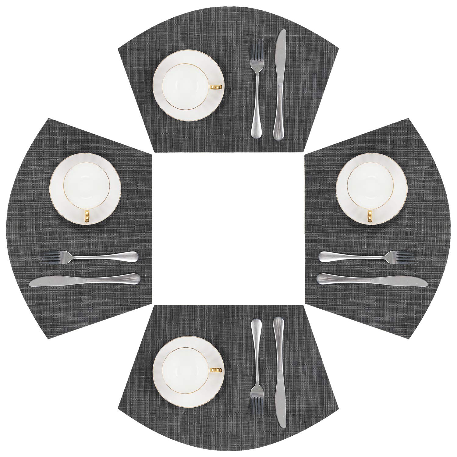 SHACOS 4-Pack Round Wedge Placemats - Non-Slip Heat Resistant Vinyl Table Mats for Indoor & Outdoor Use - Wipe Clean & Durable (Black Gray) - Perfect for Dining Tables, Patio Furniture, and Kitchen Countertops