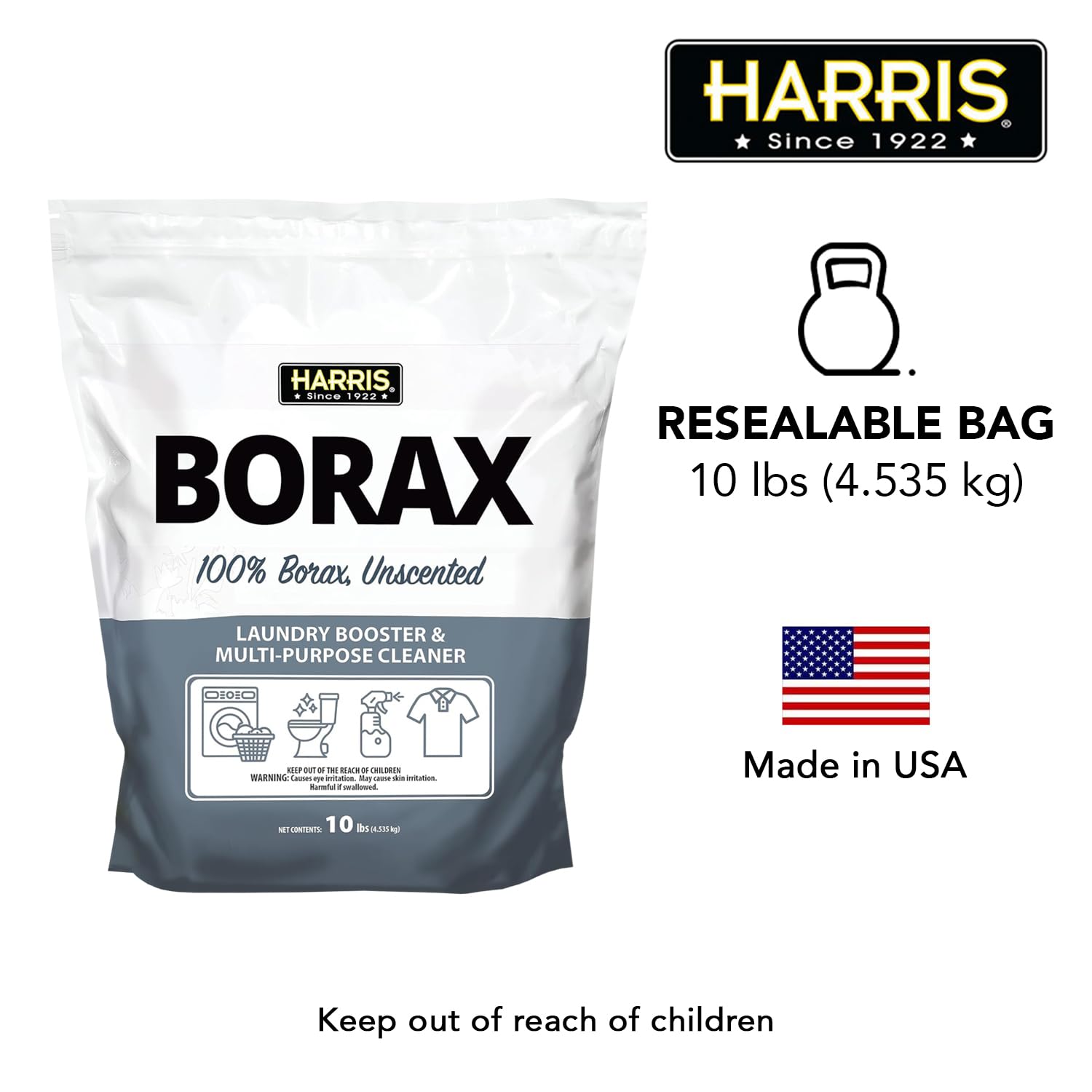 Harris 10lb Borax Powder - Unscented Laundry Booster & Multipurpose Cleaner for Stain Removal, Odor Control, and Household Cleaning | Ideal for Laundry, Dishwashing, and All-Purpose Cleaning