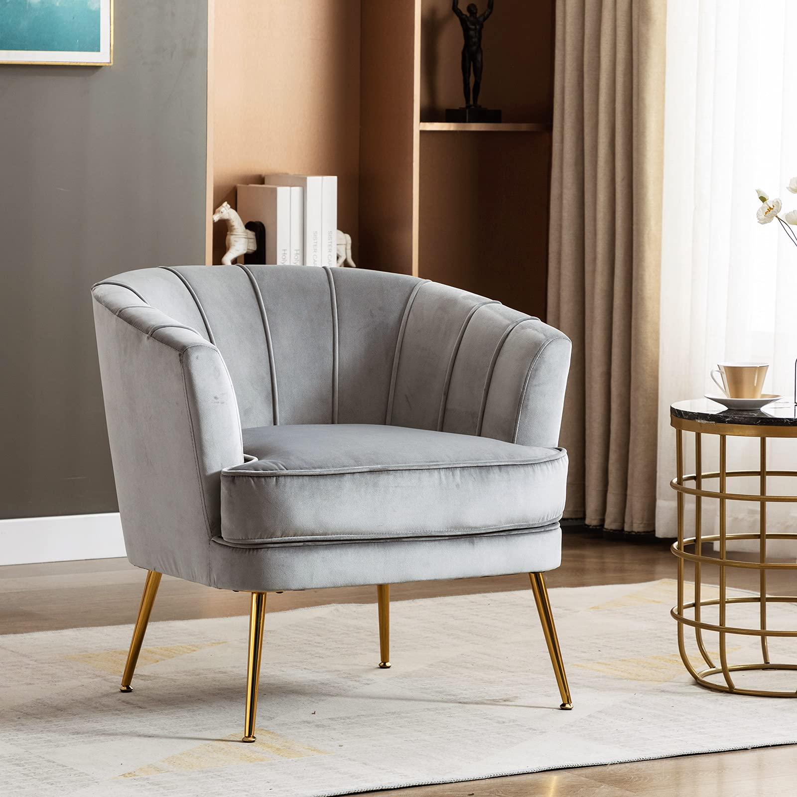 Velvet Barrel Chair with Golden Legs - Tufted Accent Armchair for Living Room & Bedroom