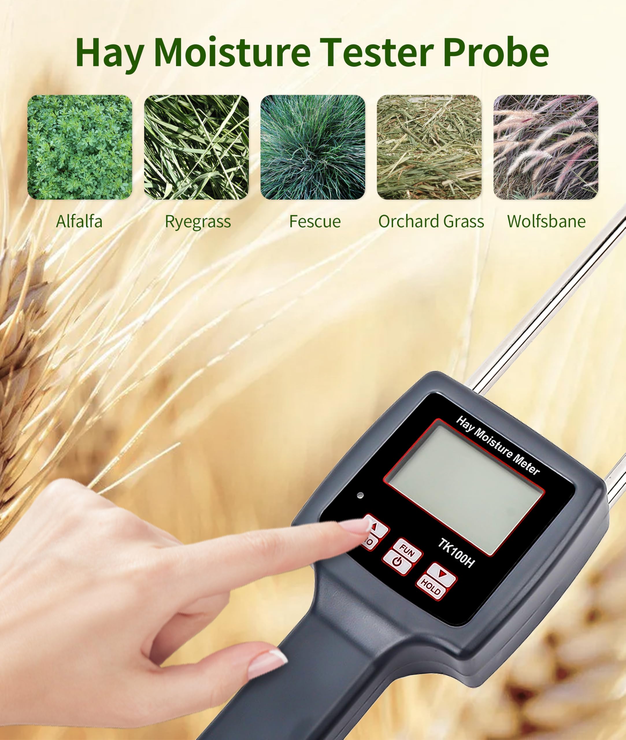 TK100H Portable Hay Moisture Meter with Probe - Fast & Accurate Forage Tester for Cereal, Straw, Grass, Alfalfa & Leymus | Ideal for Farm, Ranch & Feed Quality Control