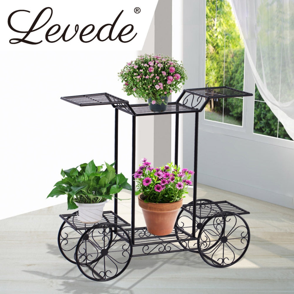 2 Pack Wrought Iron Plant Stand for Indoor Outdoor Use - 4-Wheel Rolling Flower Pot Holder Garden Decor for Patio, Balcony & Home Decor