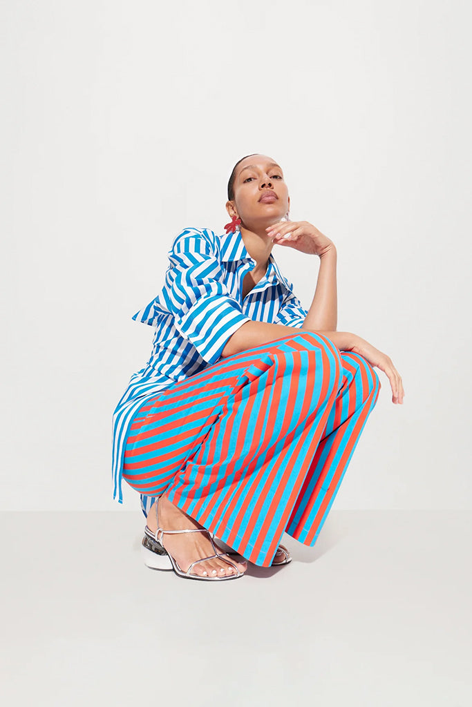 SIMONMILLER Women's Pia Poplin Pants - Blue & Paprika Stripe Casual Trousers for Work, Travel & Everyday Wear