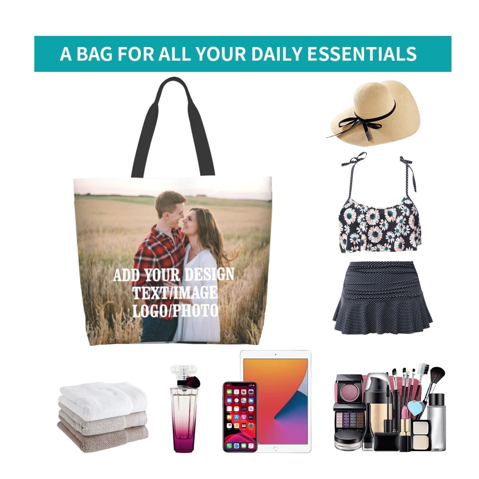 Custom Personalized Canvas Tote Bag - Heavy Duty Reusable Grocery Shopping for Daily Use