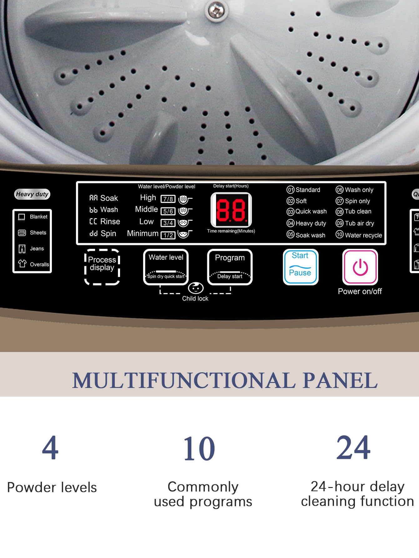 Full-Automatic Compact Washing Machine with Drain Pump - 17.7 lbs Capacity, 10 Wash Programs & 8 Water Levels - Perfect for Apartments, Dorms, RVs, Camping & Small Spaces - Gold Color