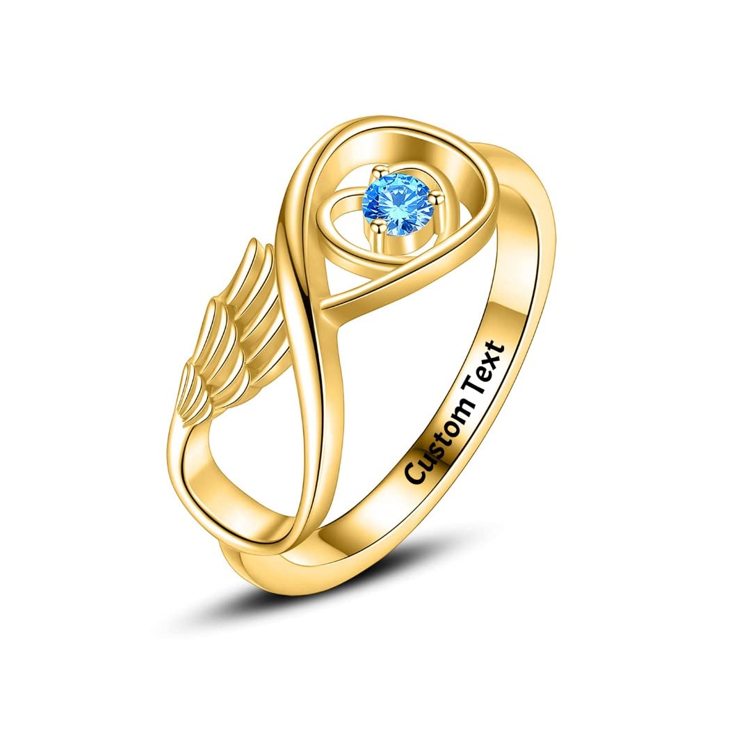 Angel Wing Birthstone Ring for Women - Personalized Sterling Silver Infinity Wings Ring with Custom Name Engraving - Thoughtful Miscarriage Memorial Gift for Mothers, Daughters & Loved Ones - Perfect for Mother's Day, Remembrance Jewelry & Sympathy Gifts