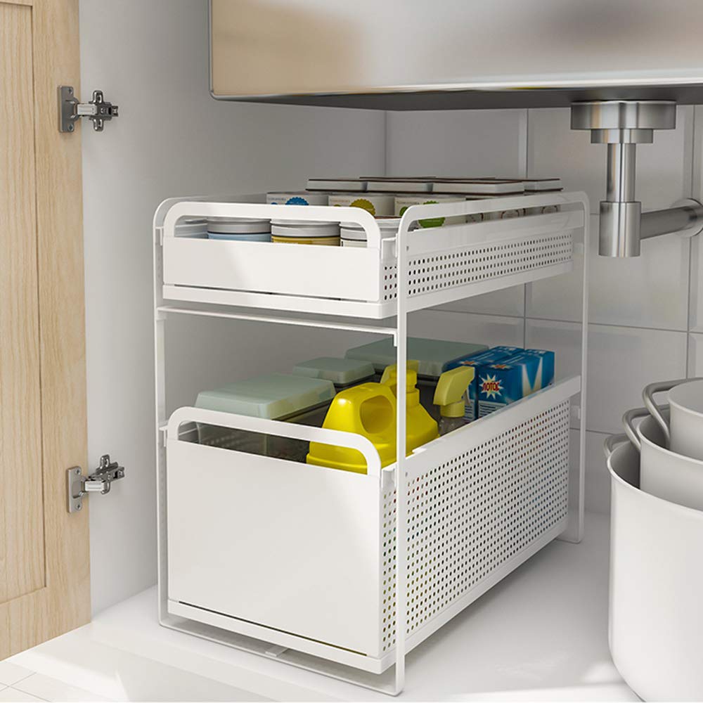 Under Sink Organizer Rack - Large Capacity 2-Tier Pull Out Drawer for Kitchen Storage, Stackable Cabinet Organizer with Scroll Wheels, White | Perfect for Maximizing Under Sink Space in Small Kitchens & Bathrooms