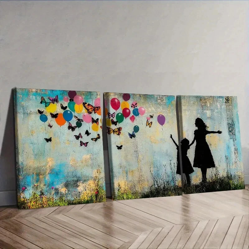 3-Piece Little Girl and Butterfly Balloon Wall Art Set - Framed Canvas 40x60cm - High Quality Print - 100% Australian Made - Ready to Hang - Perfect for Nursery, Kids Room Decor & Birthday Party Wall Decoration